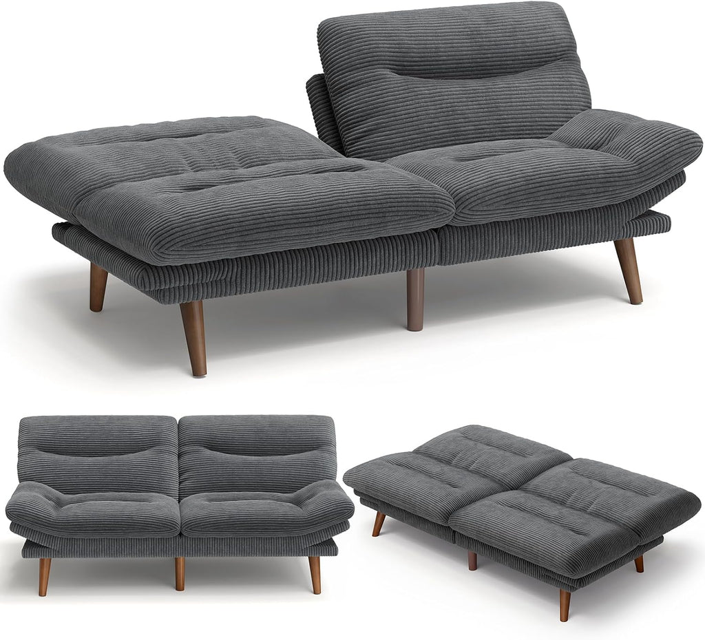 Amada 75' Convertible Futon Sofa Bed, Corduroy Folding Futon Set with Adjustable Backrest &Armrests, Recliner Lounge for Living Room, Apartment or Office, Solid Wood Frame, Loveseat Sofa -Dark Grey