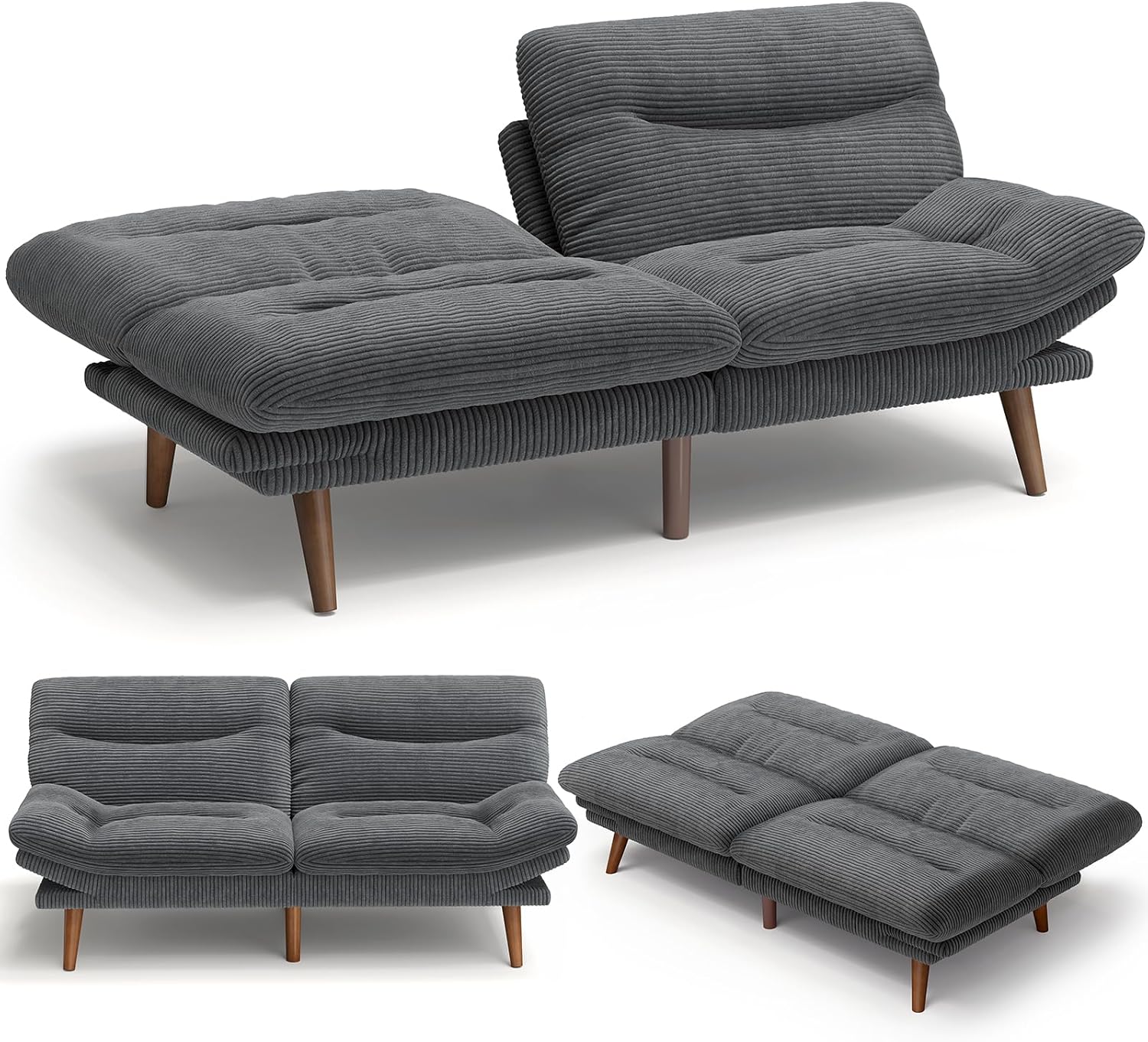 Amada 75' Convertible Futon Sofa Bed, Corduroy Folding Futon Set with Adjustable Backrest &Armrests, Recliner Lounge for Living Room, Apartment or Office, Solid Wood Frame, Loveseat Sofa -Dark Grey