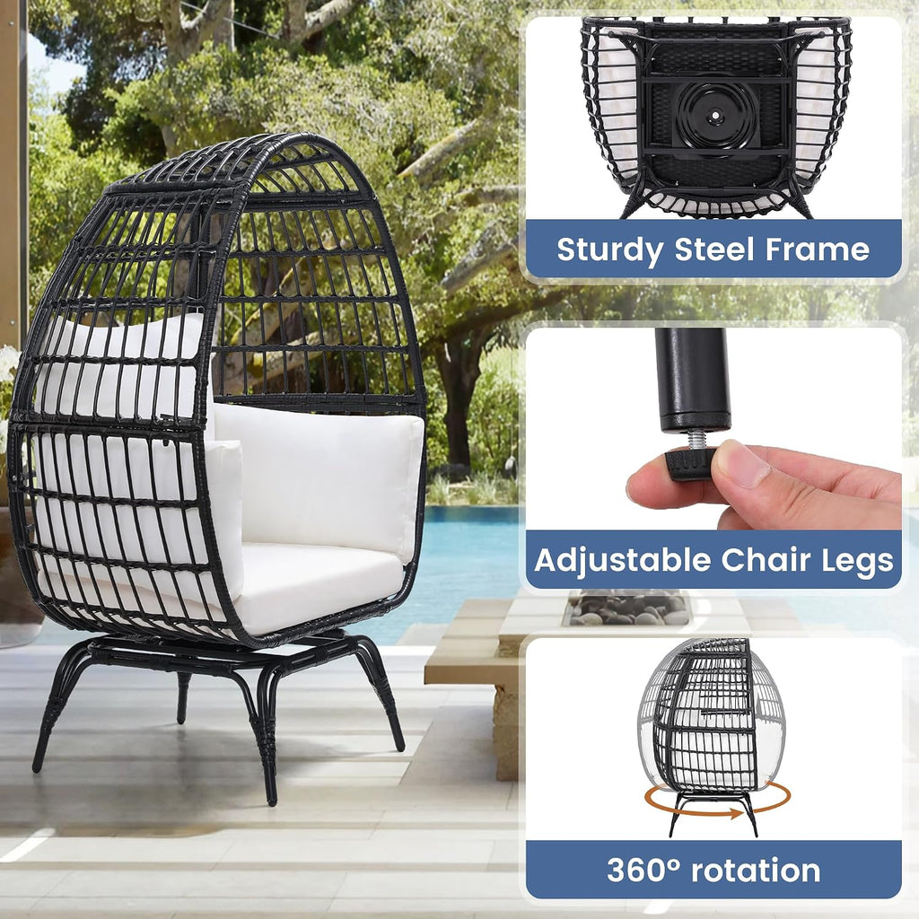 Murago Oversized 360° Swivel Rattan Egg Chair for Adult, Indoor Outdoor Patio Large Wicker Egg Chair with Overstuffed Cushions, 440lb Weight Capacity, Black Rattan with Beige Cushion