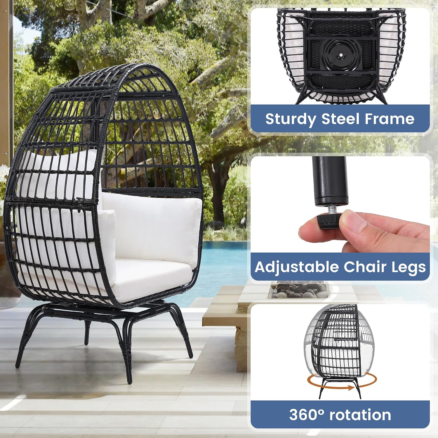 Murago Oversized 360° Swivel Rattan Egg Chair for Adult, Indoor Outdoor Patio Large Wicker Egg Chair with Overstuffed Cushions, 440lb Weight Capacity, Black Rattan with Beige Cushion