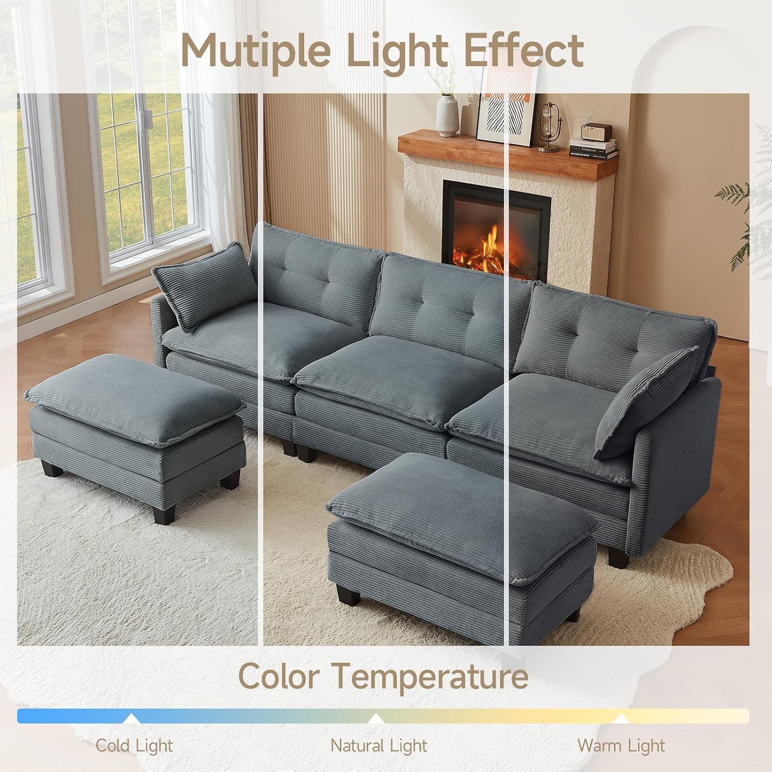 Amsleekey Modular Sectional Sofa, 111.5' U-Shaped Corduroy Comfy Sectional Couches for Living Room, 3-Seater Cloud Couches with 2 Movable Ottomans, Flexible Combination Modern Deep Seat Sofa (Grey)