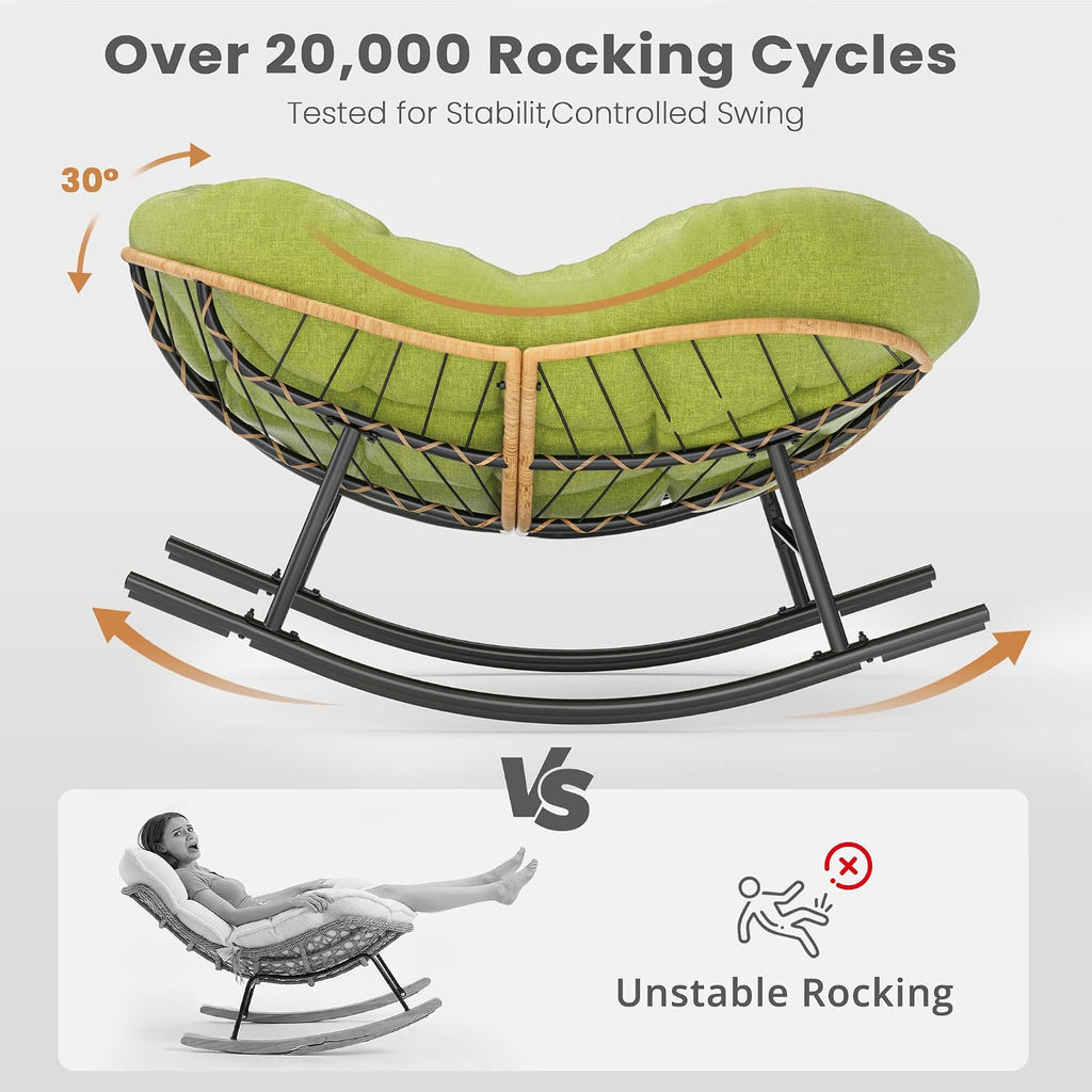 Easyego Oversized Papasan Rocking Chair Indoor Outdoor Use, Comfortable Wicker Rocker with Cozy Thicken Cushion for Deck, Balcony, Poolside, Lawn, Bedroom, Living Room, Green