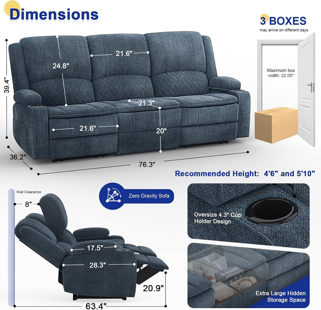 3+1+1 Manual Recliner Sofa, Maximum Load Capacity 2250lbs & Ergonomics Design, Multi-Functional Middle Seat & Home Theater Seating with Removable Armrest and Storage for RV Living Room (Fabric,Blue)
