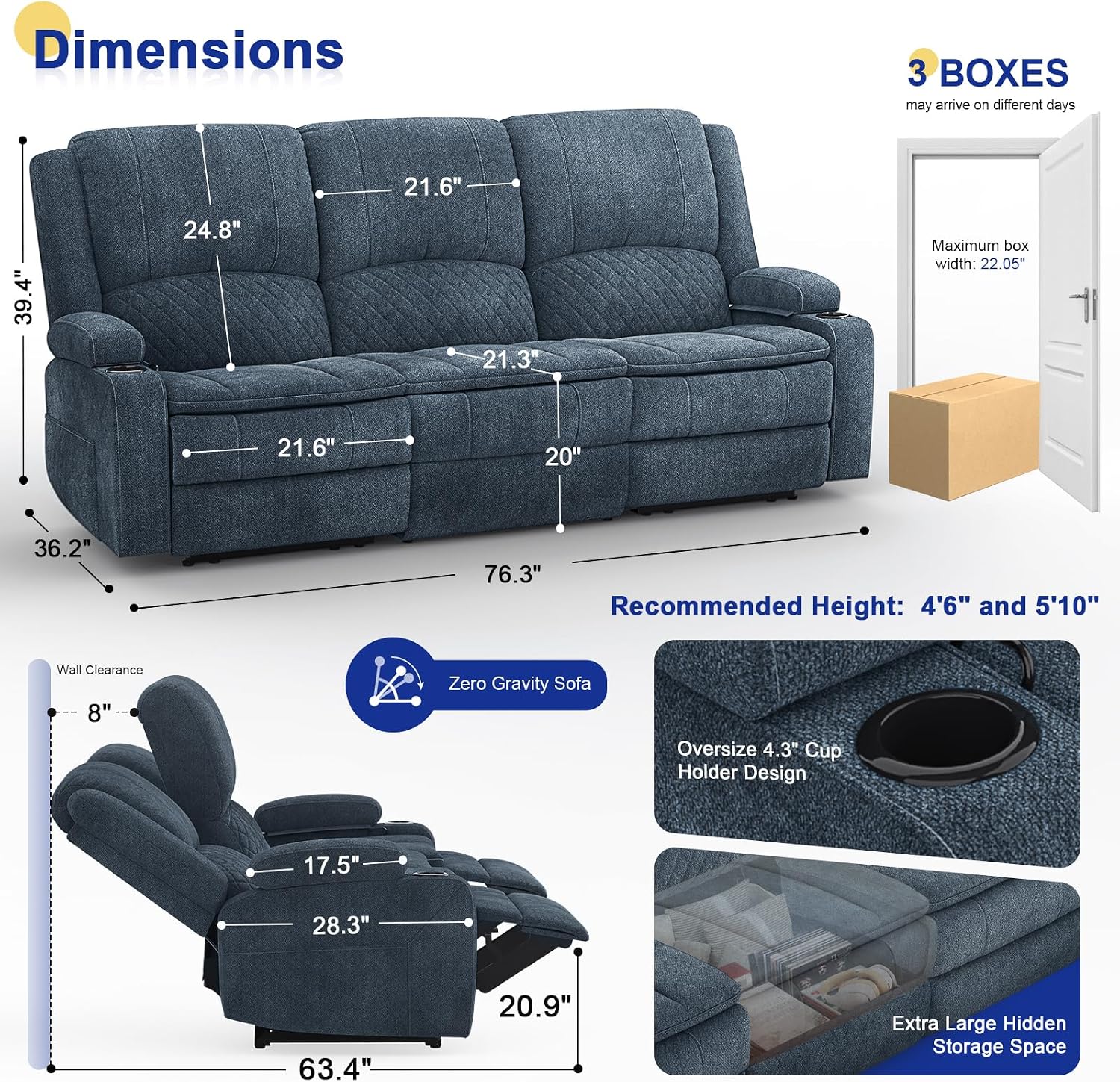 Recliner Sofa 3 Seater Sofa with Recliner, Home Theater Seating with Liftable Console & Removable Armrest, Manual PU Leather Reclining Couch with Cup Holders & USB for Living Room/RV (Fabric,Blue)