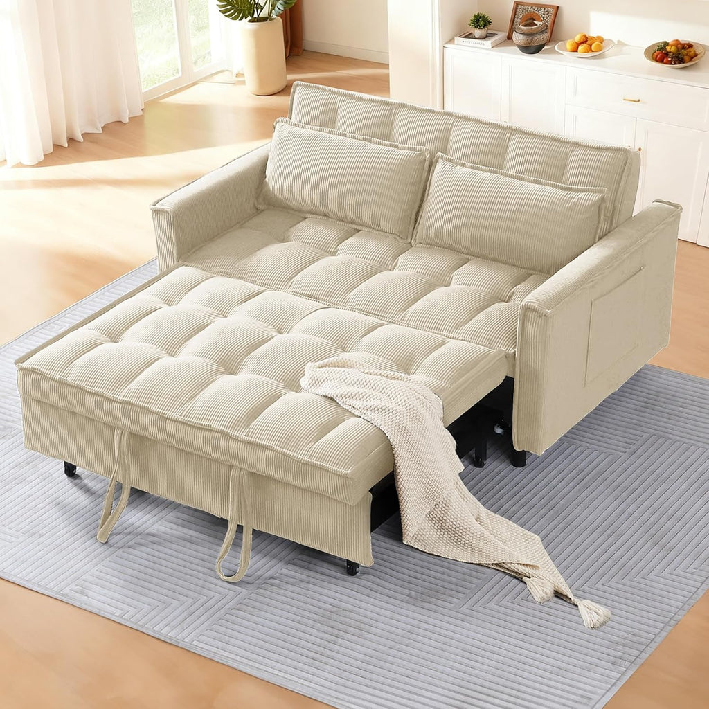 CAPCAEK 3 in 1 Convertible Sleeper Sofa Bed, Modern Corduroy Loveseat Pull-Out Couch w/Pullout Bed, Small Love Seat Lounge Sofa w/Reclining Backrest,Toss Pillows, Pockets, for Living Room