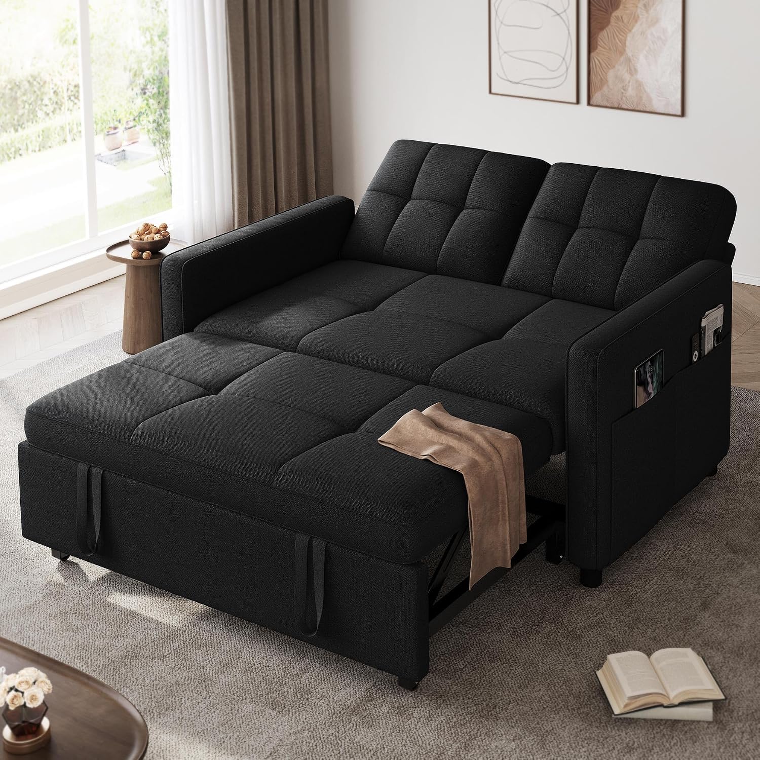 DWVO 55' Convertible Sofa Bed, 3-in-1 Sleeper Sofa with Pull-Out Bed, Linen Futon Couch with Adjustable Backrest and Side Pocket, Modern Loveseat for Living Room Apartment, Balck