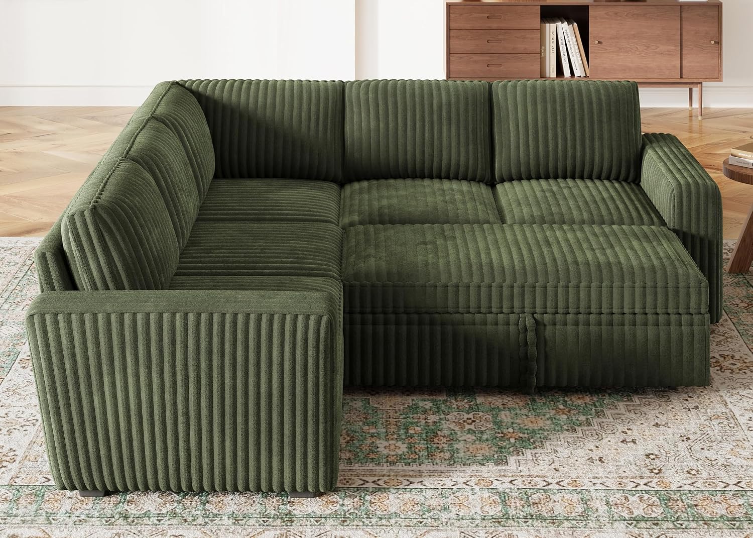 HONBAY Modular Sectional Sleeper Sofa with Pull Out Bed,Corduroy L Shaped Couch with Storage, Sectional Couches for Living Room,Green