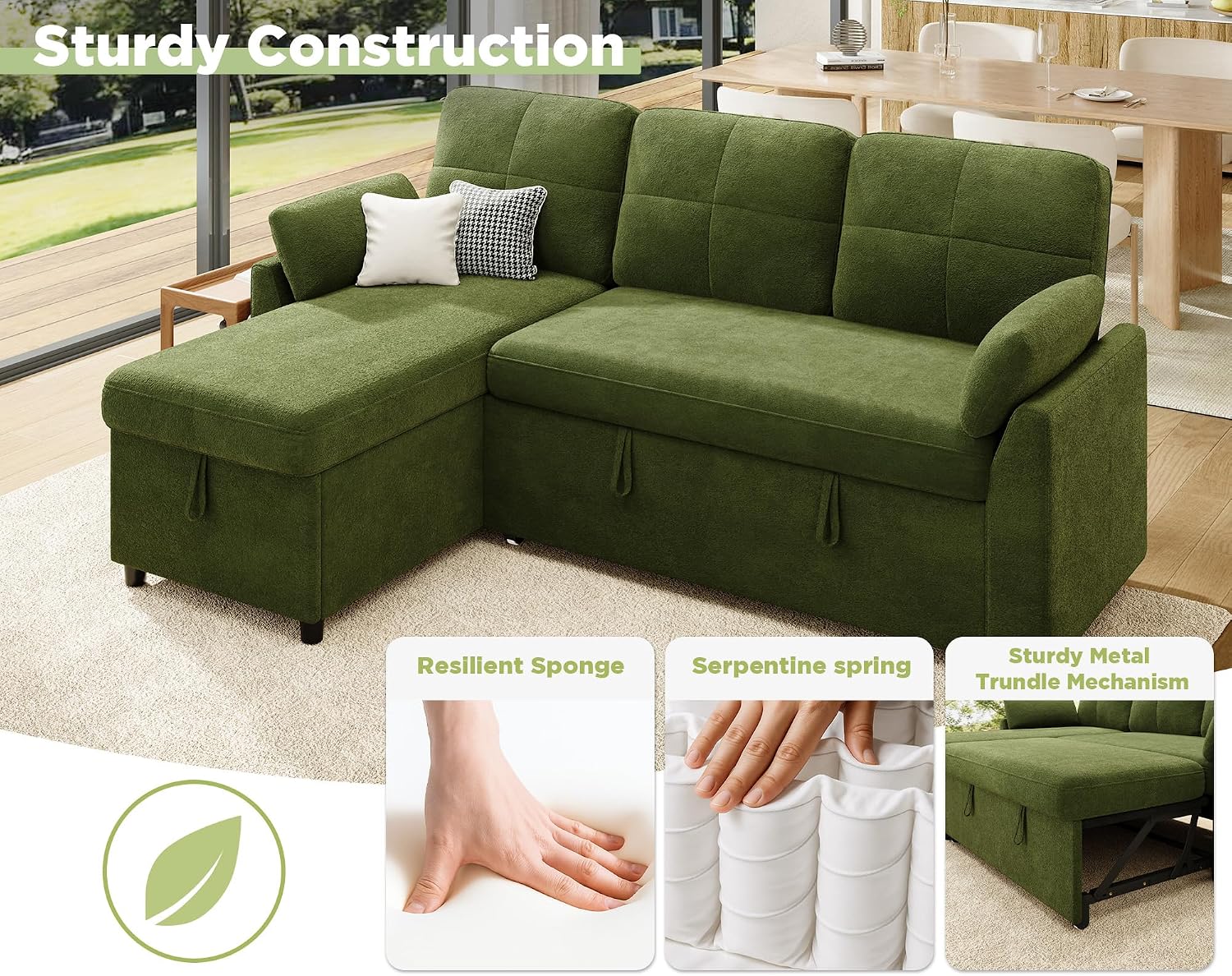 VanAcc Sleeper Sofa, Sofa Bed with Storage Chaise, Convertible Sofa Bed with Pull Out Couch, l Shaped Couch for Living Room, Linen Green