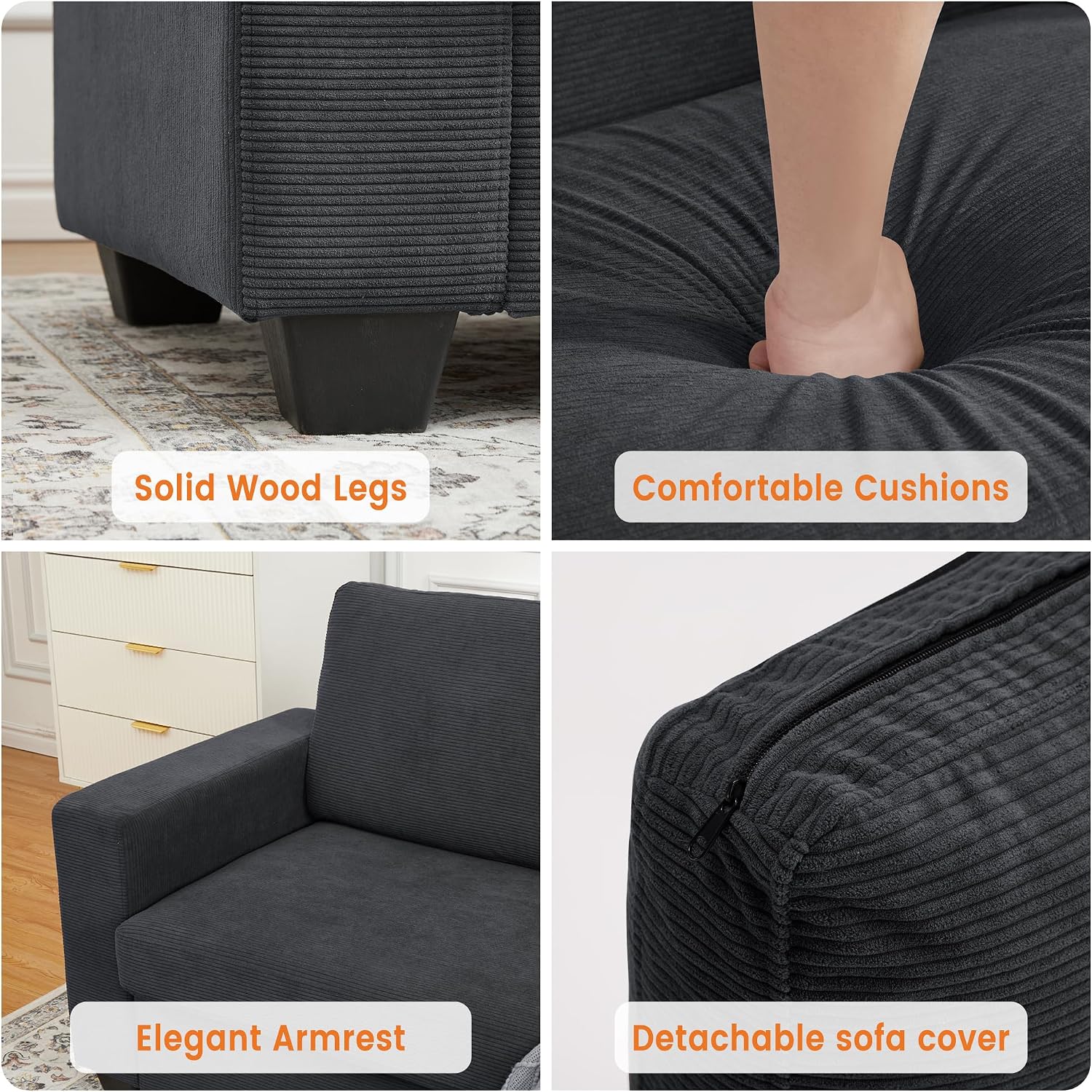 83 Inch Loveseat Sofa, Modern Corduroy 3 Seater Deep Seat Couch with Wide Armrest, Removable Washable Cushion Cover, Cozy Sofa for Living Room Bedroom Apartment