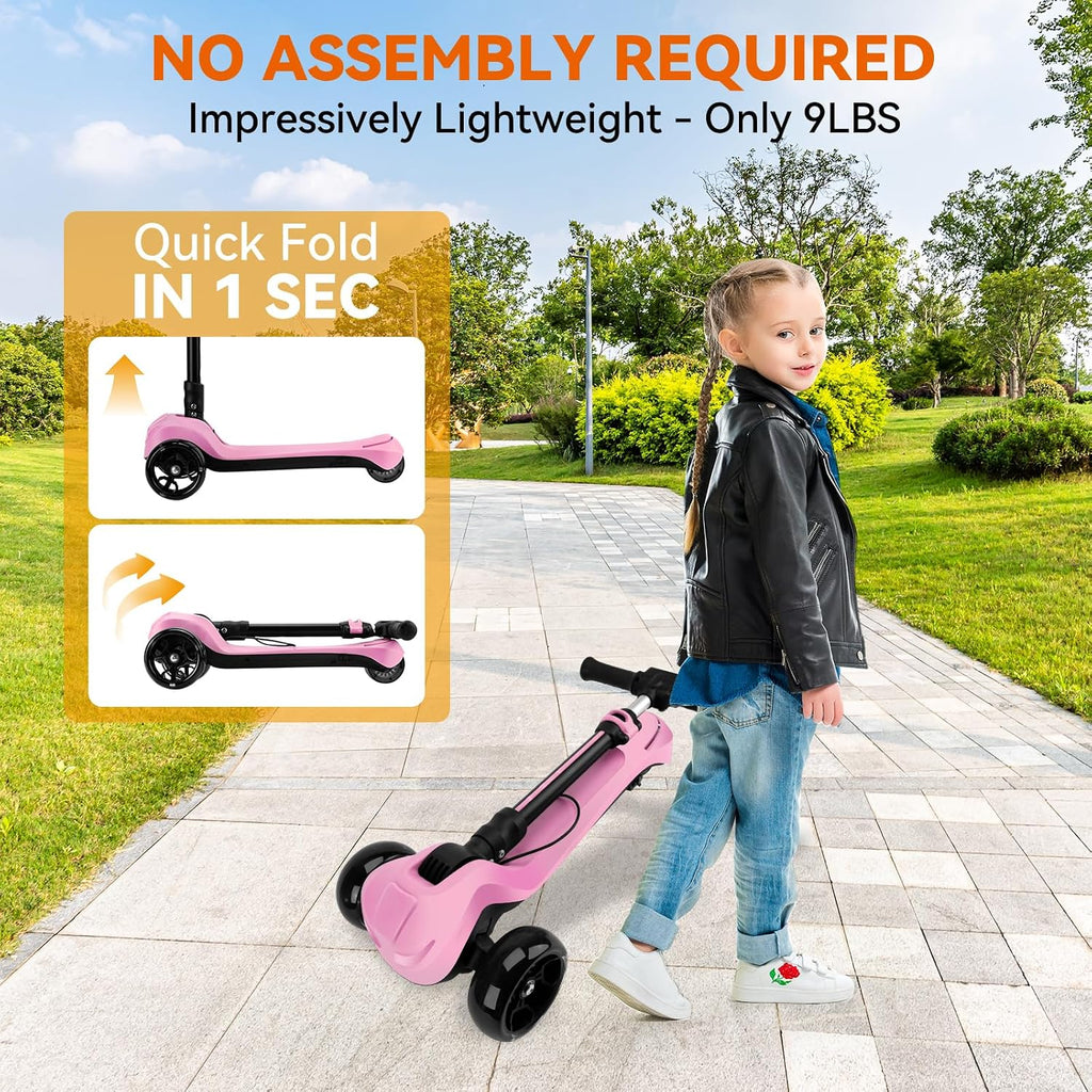 24V Electric Scooter for Kids w/150W Powerful Motor, Thumb Throttle, LCD Screen, Bluetooth, Light-Up Stem Deck & Wheels, 3 Adjustable Heights, 5MPH Safe Speed, 3 Wheel Electric Scooter for Kids
