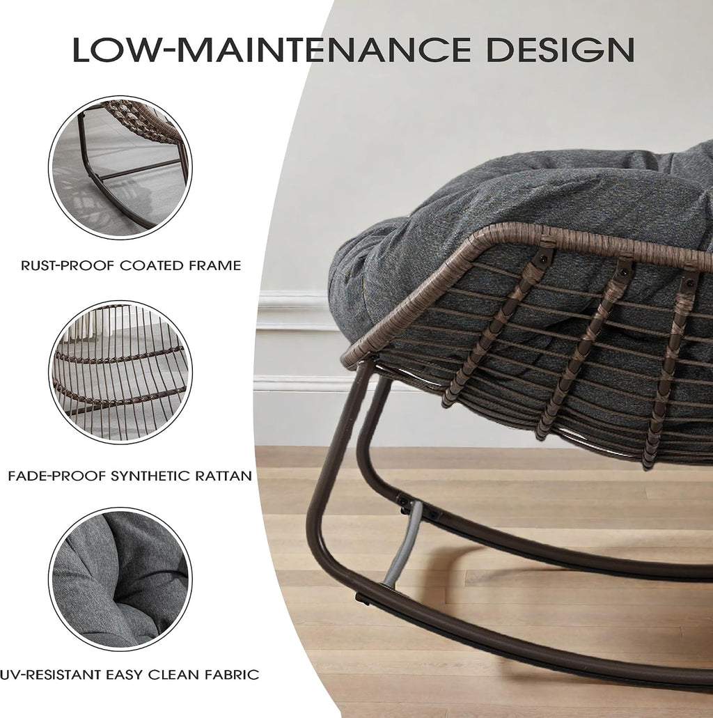 Oversized Papasan Rocking Chair, Indoor & Outdoor Egg Rocker with All-Weather Hand-Woven Rattan & Rust-Proof Steel Frame for Porch, Patio, Living Room (Linen-Like, Dark Grey)