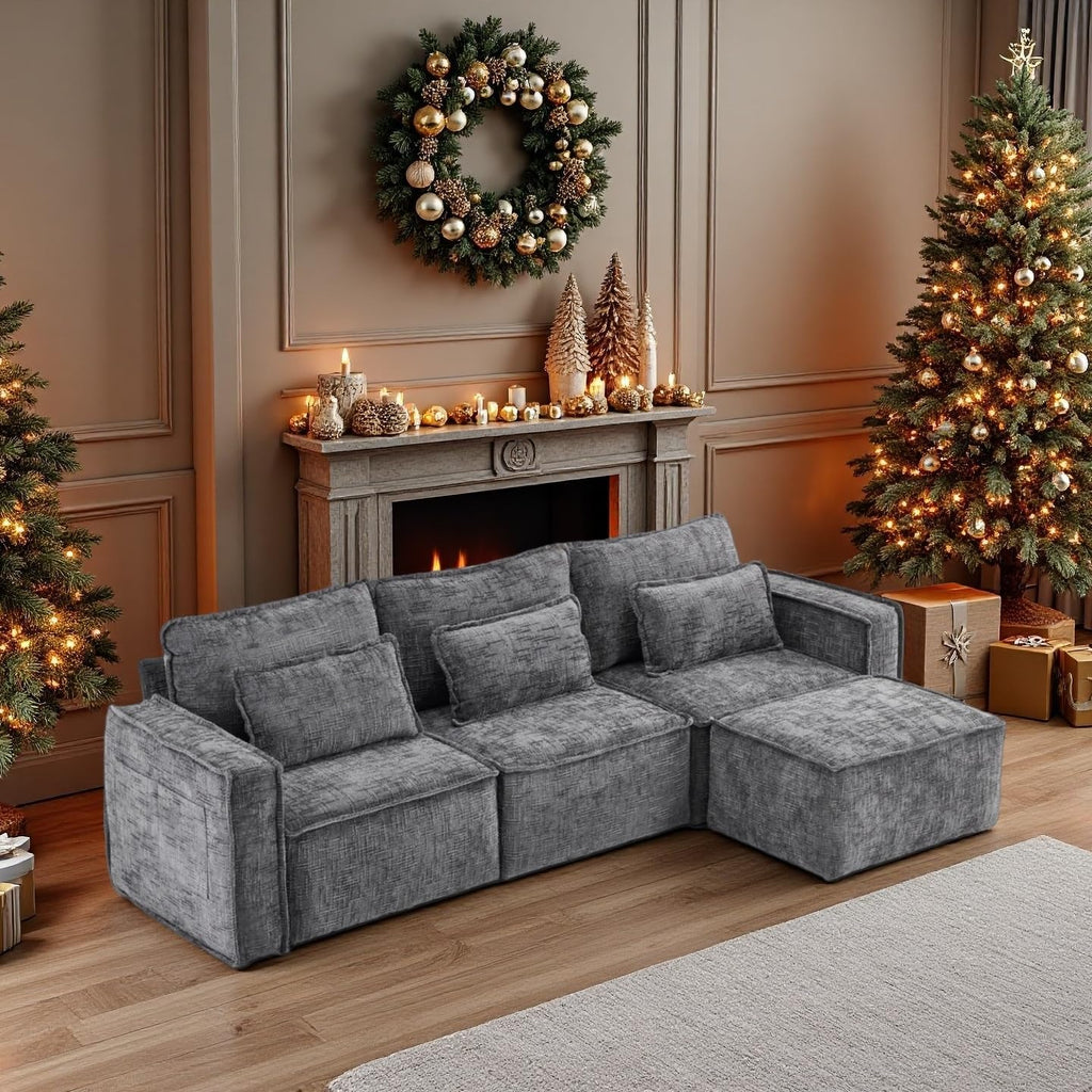 VINGLI 111' Convertible Modular Sectional Sofa,Comfortable L Shaped Reversible Couch with Ottoman, Removable 3 Seater Boneless Modern Couch, Durable Chenille Cloud Sofa for Living Room,Grey