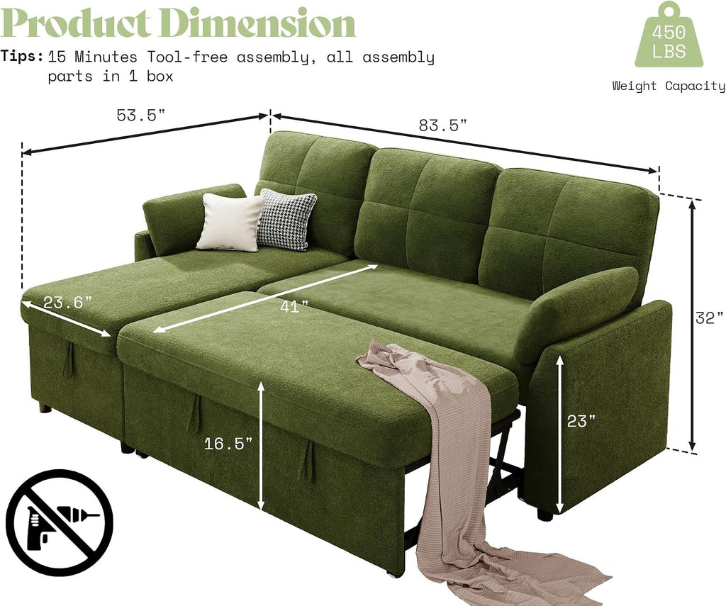 AMEILIFE Sofa Bed, Sleeper Sofa with Storage Chaise, Convertible Sofa Bed with Pull Out Couch, l Shaped Couch for Living Room-Green Linen