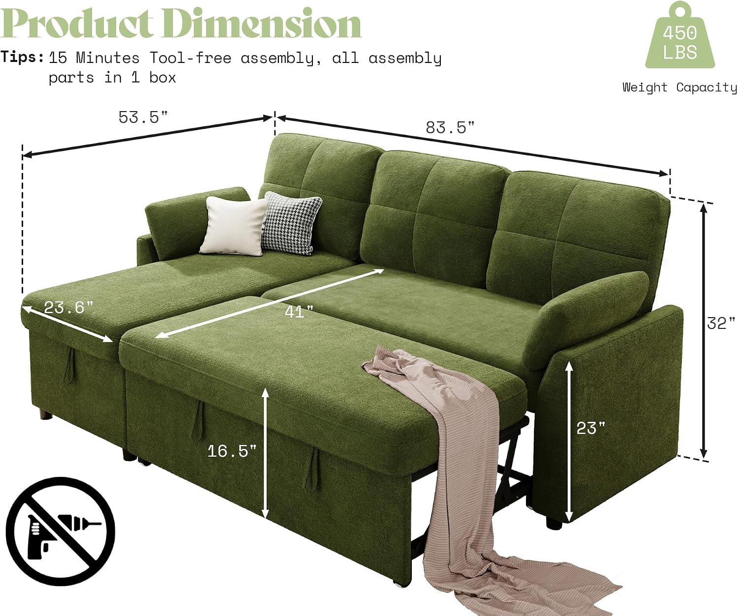 AMEILIFE Sofa Bed, Sleeper Sofa with Storage Chaise, Convertible Sofa Bed with Pull Out Couch, l Shaped Couch for Living Room-Green Linen