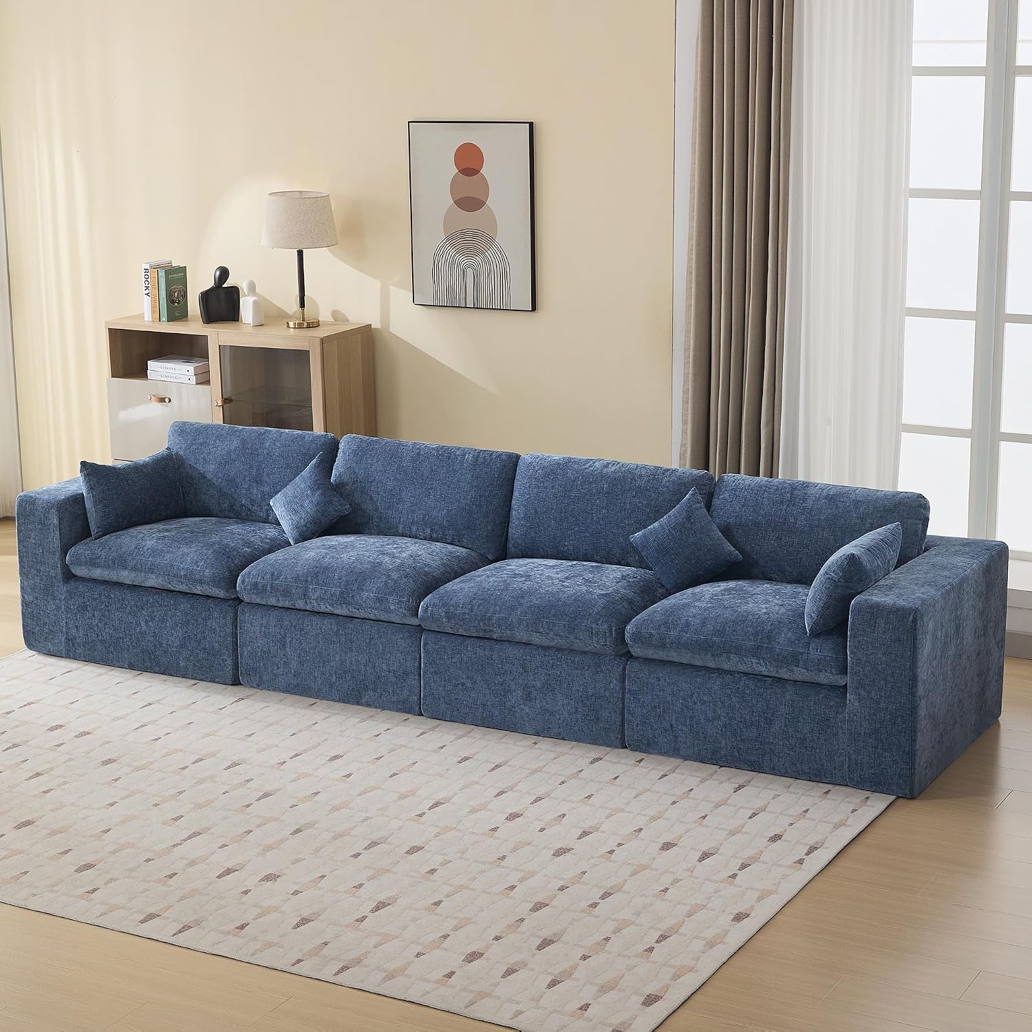 146''Cloud Boneless Sectional Couch, Modular Sectional Sofa Deep Seat, Oversized Upholstered Convertible Comfy 4 Seater Chenille Memory Foam Sofa Couches for Living Room, Blue