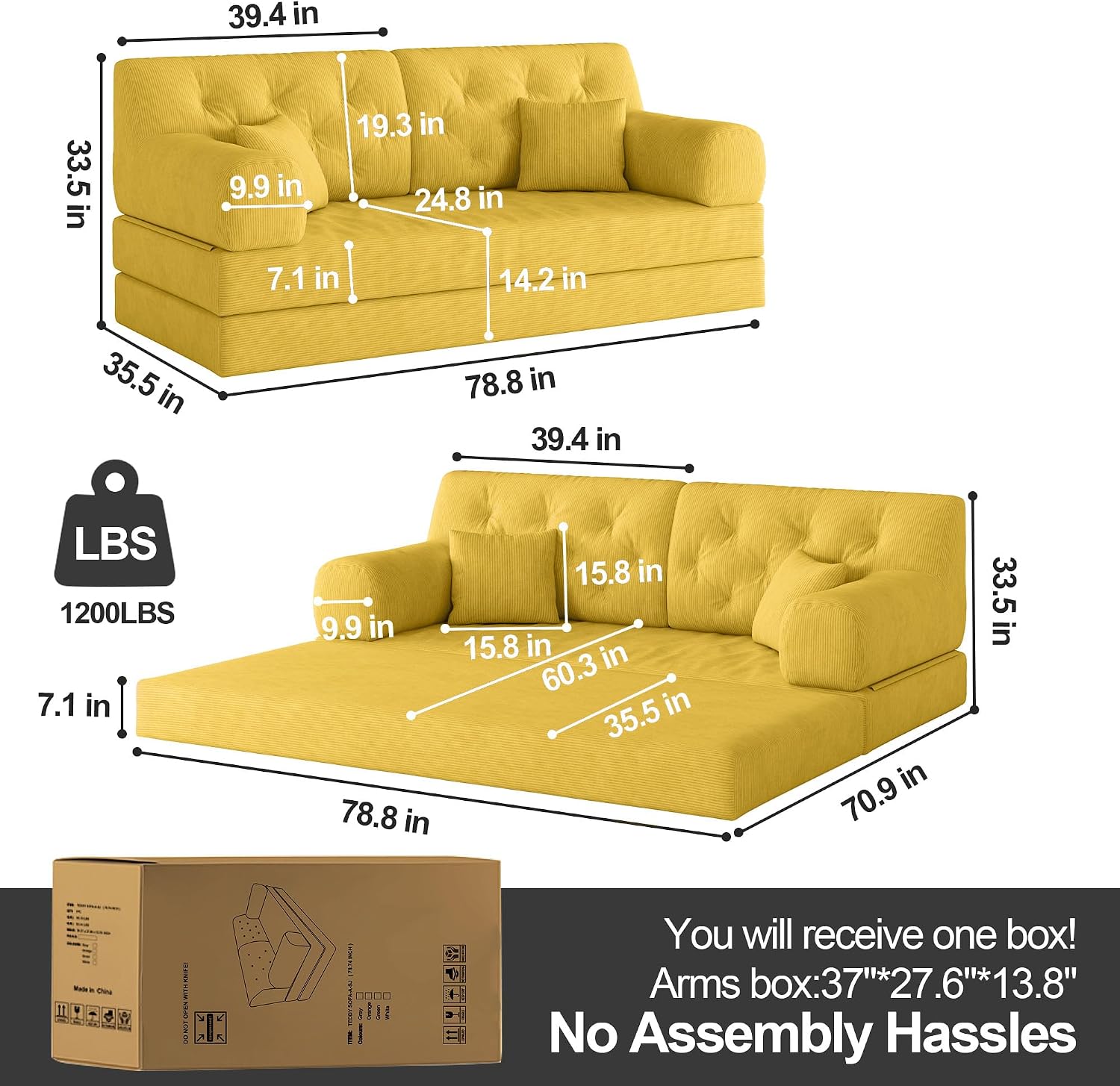 79' Convertible Sofa Bed with Pillows, Corduroy Folding Sleeper Sofa with Fixed-Shape Frame, Boneless Couch for Living Room Bedroom, Floor Sofa Lounge No Assembly Required (C - Style - Yellow)