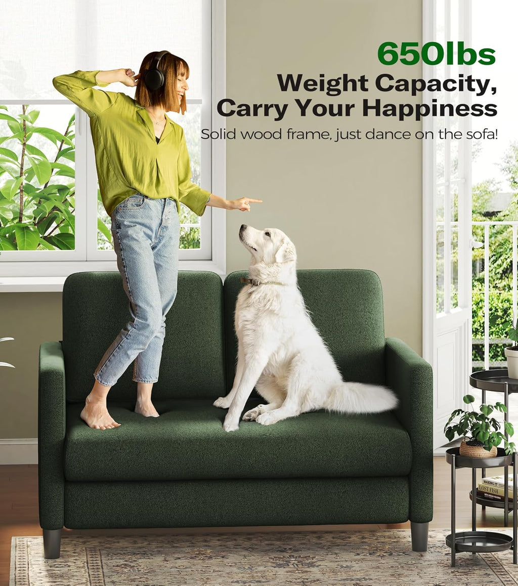 Welzona Loveseat, 51' Small Couch, Comfy Teddy Love Seat for Living Room, Tool-Free Setup Loveseat Sofa for Small Spaces, All-Wood Small Sofa Couch for Bedroom, Green
