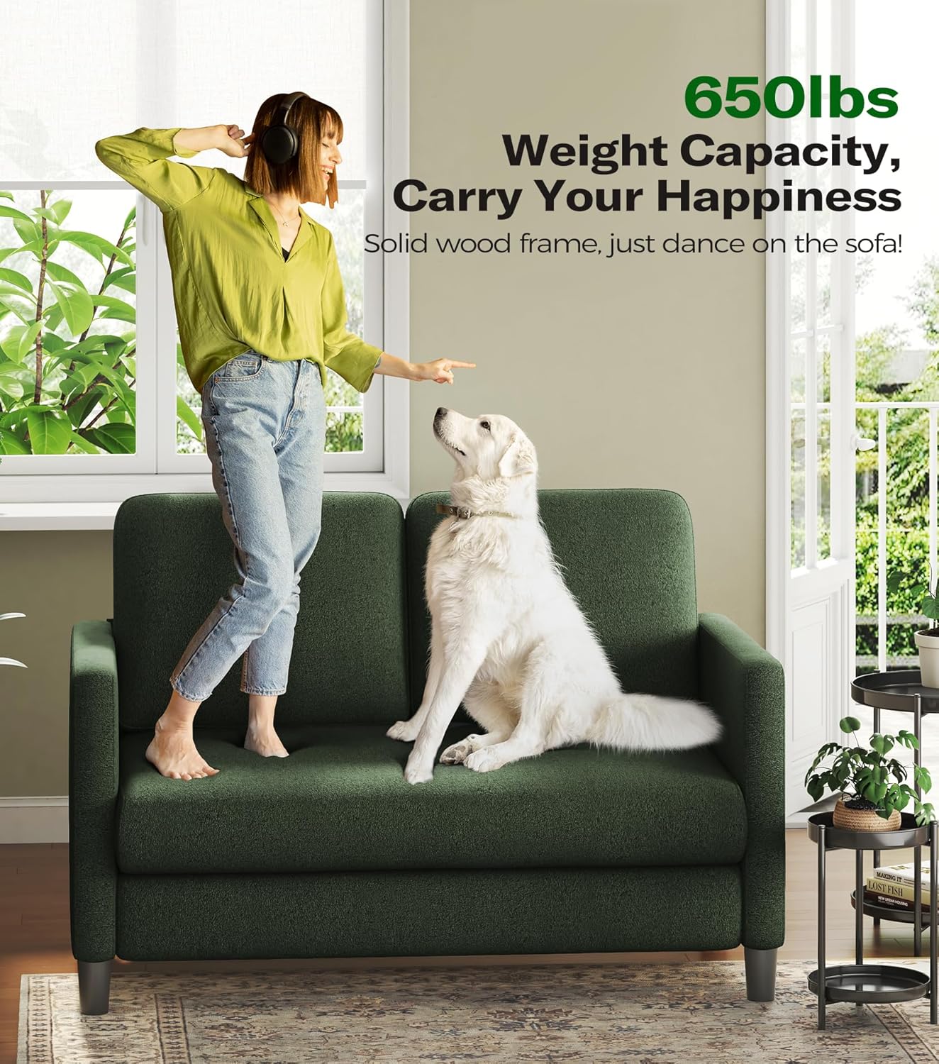 Welzona Loveseat, 51' Small Couch, Comfy Teddy Love Seat for Living Room, Tool-Free Setup Loveseat Sofa for Small Spaces, All-Wood Small Sofa Couch for Bedroom, Green