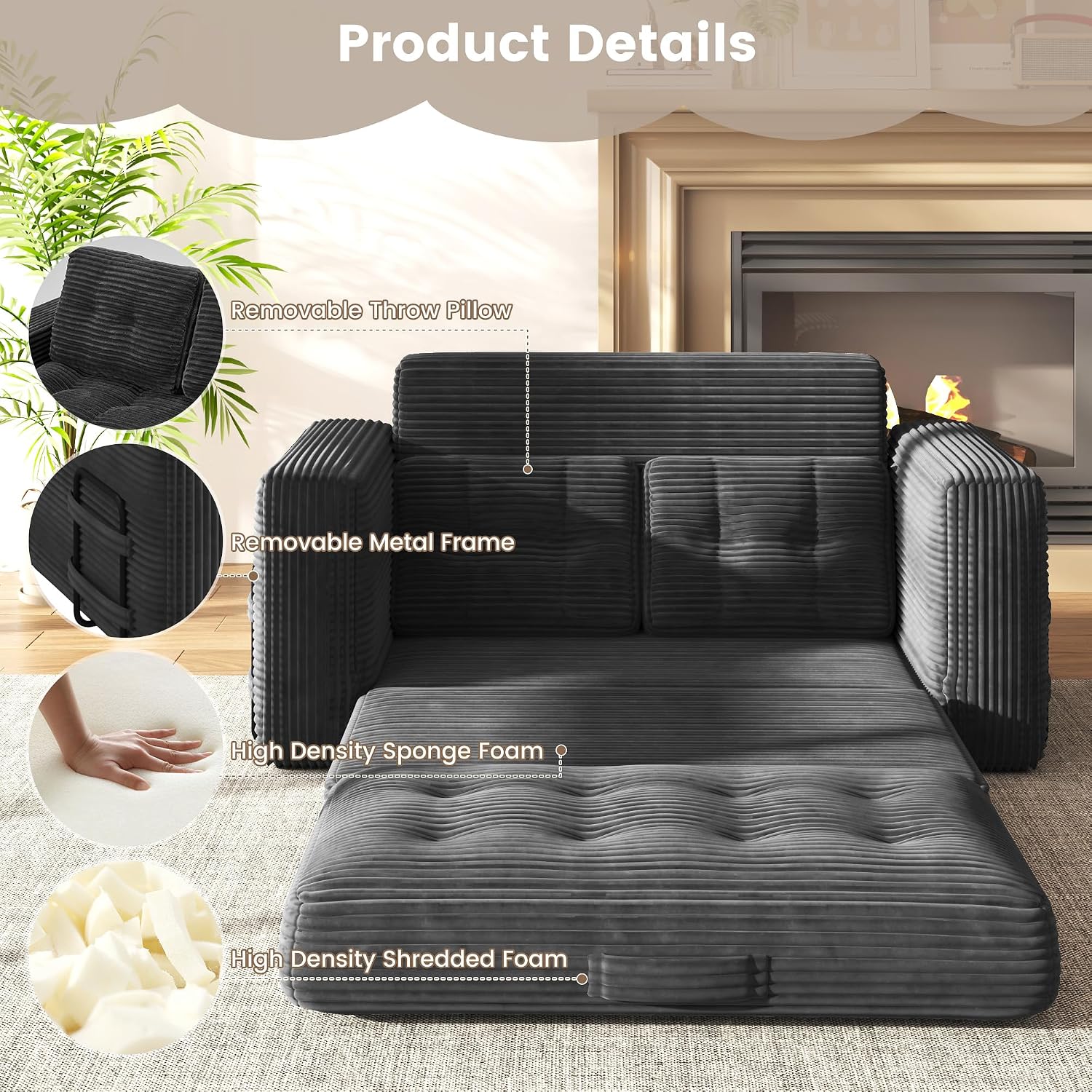 Convertible Sofa Bed, 2 in 1 Boneless Couch Bed with 2 Pillows, Corduroy Pull out Couch Folding Sofa Bed with Deep Seat, Small Loveseat Sleeper Sofa Bed in a Box for Small Spaces, No Assembly Required