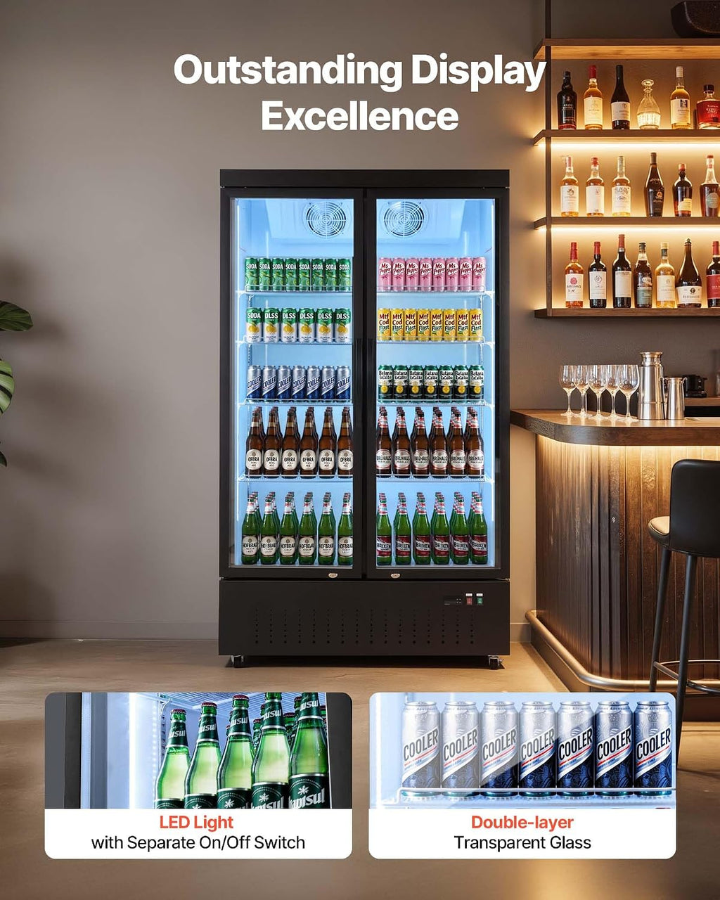VEVOR Commercial Merchandiser Refrigerator, 29.3 Cu.Ft / 830L Upright Beverage Cooler, 2 Glass Door Display Refrigerator with 8 Adjustable Shelves, Soft LED Light & Casters for Bars Shops Supermarkets