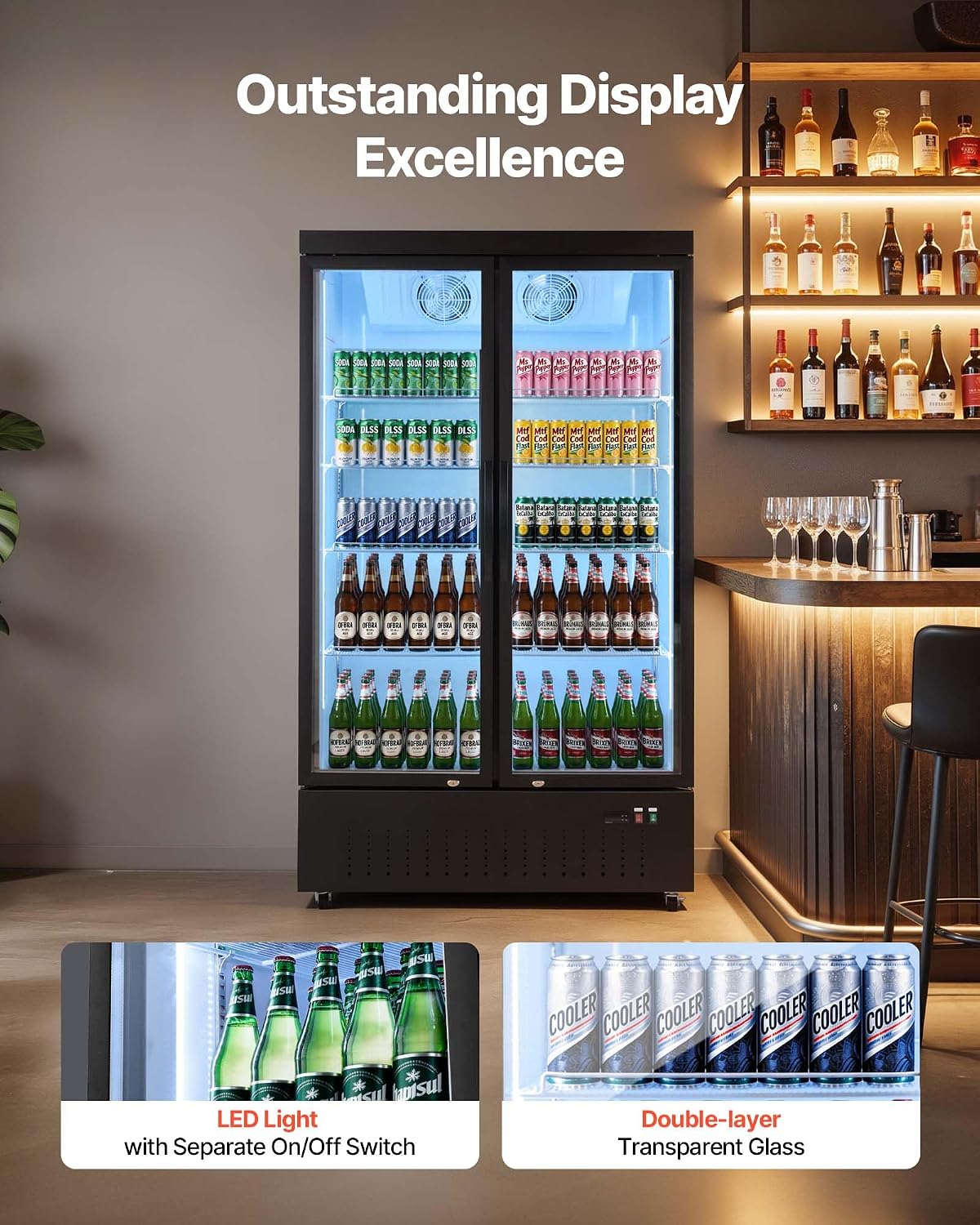 VEVOR Commercial Merchandiser Refrigerator, 29.3 Cu.Ft / 830L Upright Beverage Cooler, 2 Glass Door Display Refrigerator with 8 Adjustable Shelves, Soft LED Light & Casters for Bars Shops Supermarkets