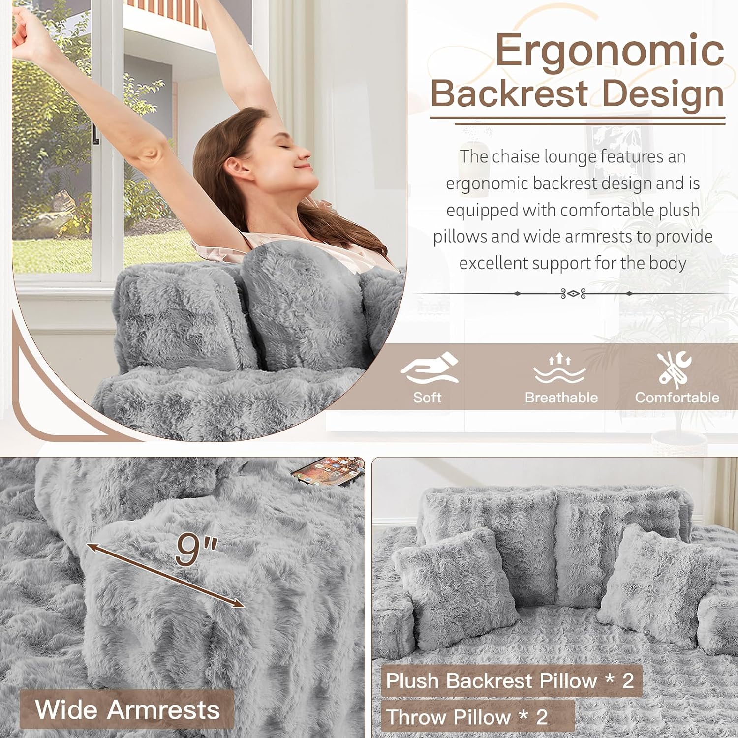 JEEOHEY 56'W Oversized Chaise Lounge Chair Indoor,Plush Faux Fur Sleeper Couch Sofa Bed with Pillows,Fluffy Comfy Cloud Sofa,Compression Foam Boneless Couch for Living Room,Bedroom(Bubble, Light Grey)