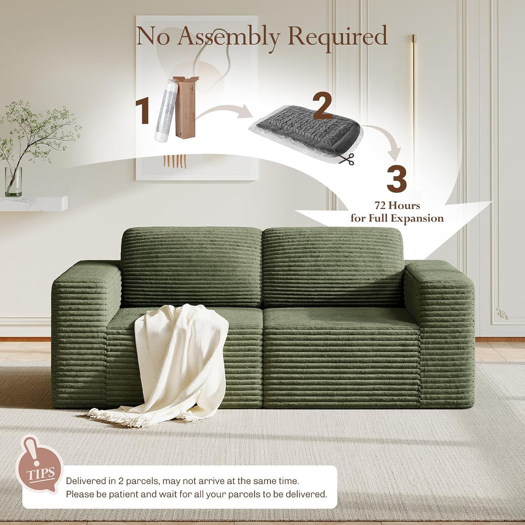Vesgantti 80' Modular Sectional Sofa, Corduroy Cloud Couch with Deep Seating & Spring Support, 2 Seater Compact Modular Couch, Boneless Sectional Sofa for Small Spaces, No Assembly Required, Green