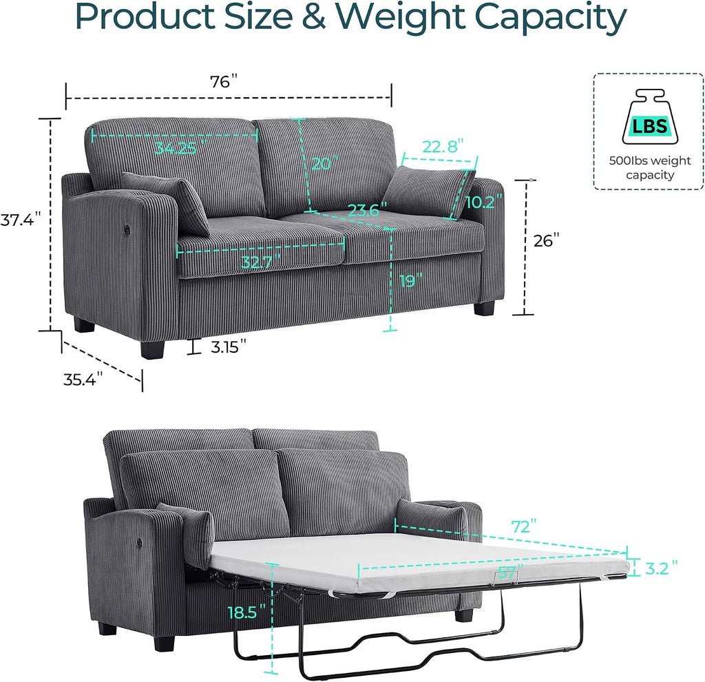 LINSY HOME Pull Out Sofa Bed - Convertible Loveseat Sleeper Sofa, Upgraded Bed Frame Pullout Couch - USB Charging & Cup Holders, Corduroy Sofa Bed for Living Room Small Space, Queen Size (Grey)