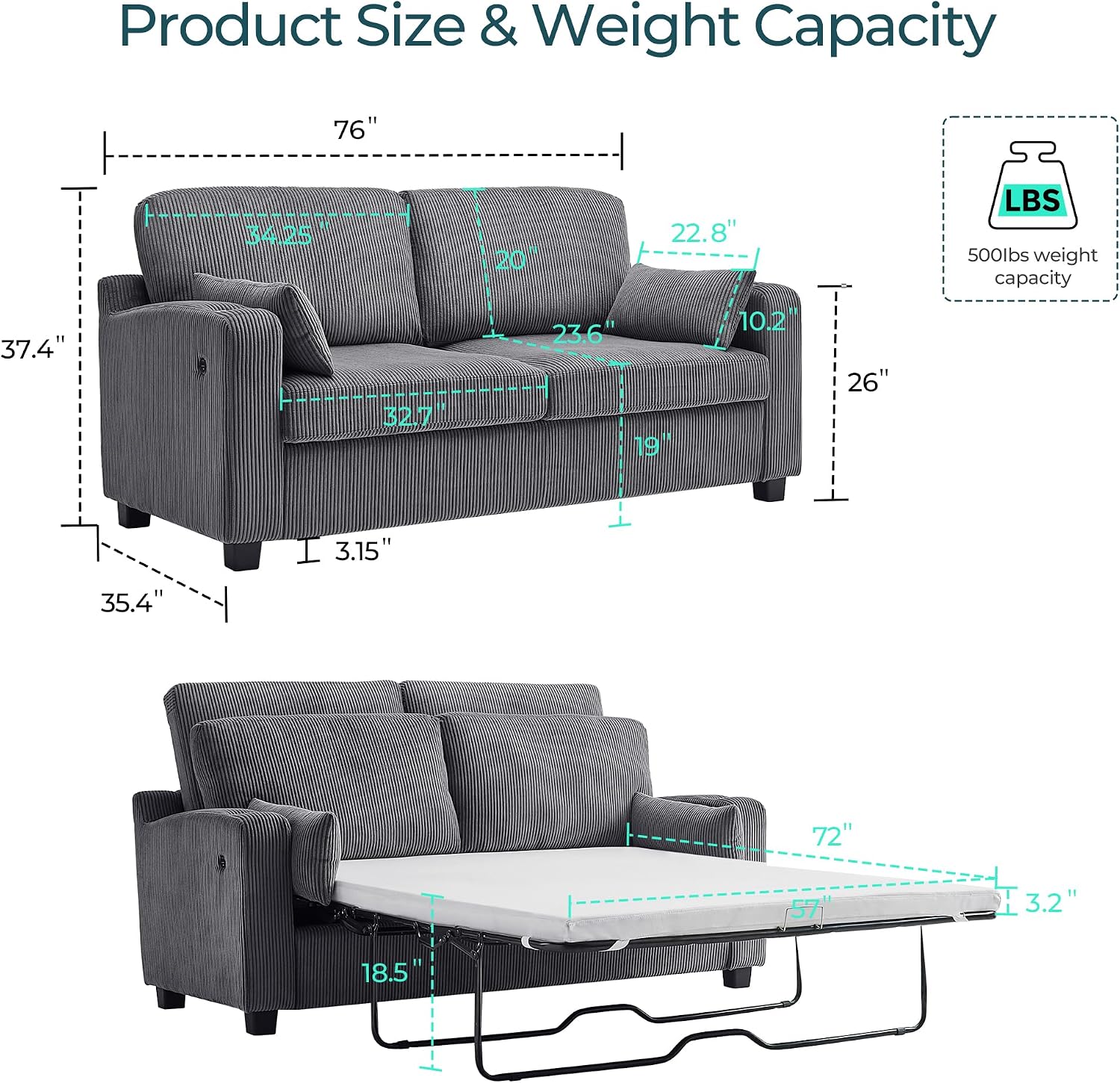 LINSY HOME Pull Out Sofa Bed - Convertible Loveseat Sleeper Sofa, Upgraded Bed Frame Pullout Couch - USB Charging & Cup Holders, Corduroy Sofa Bed for Living Room Small Space, Queen Size (Grey)