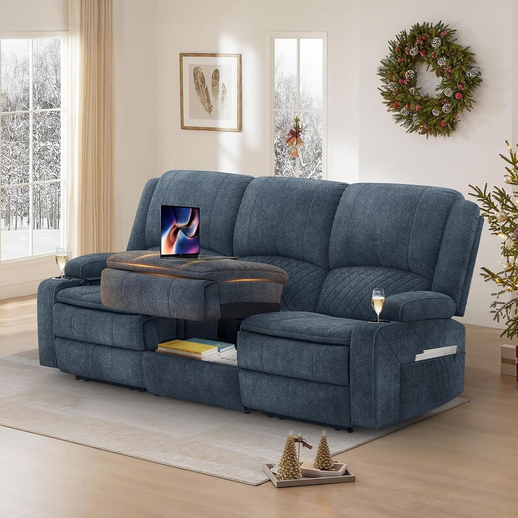 Recliner Sofa 3 Seater Sofa with Recliner, Home Theater Seating with Liftable Console & Removable Armrest, Manual PU Leather Reclining Couch with Cup Holders & USB for Living Room/RV (Fabric,Blue)
