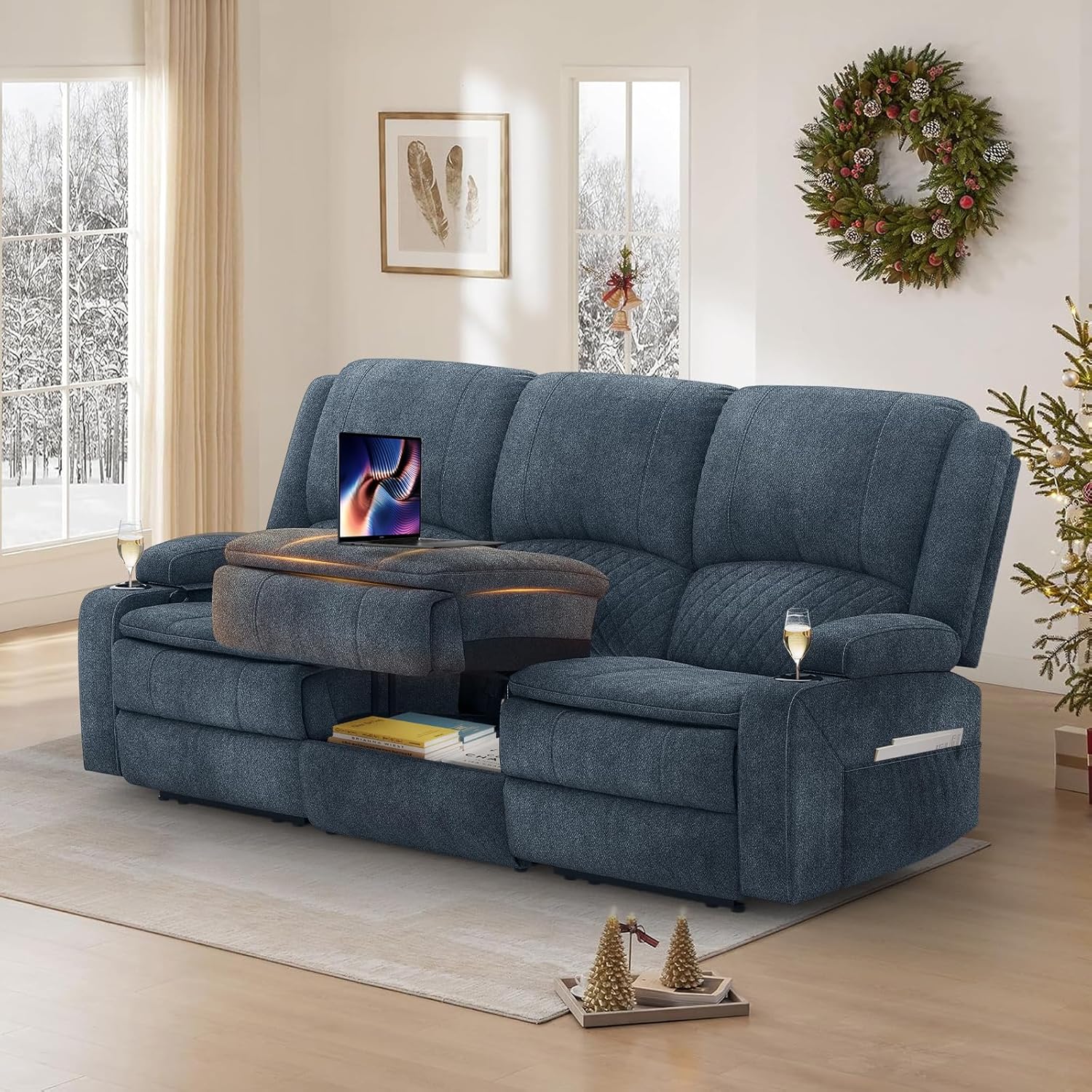 Recliner Sofa 3 Seater Sofa with Recliner, Home Theater Seating with Liftable Console & Removable Armrest, Manual PU Leather Reclining Couch with Cup Holders & USB for Living Room/RV (Fabric,Blue)