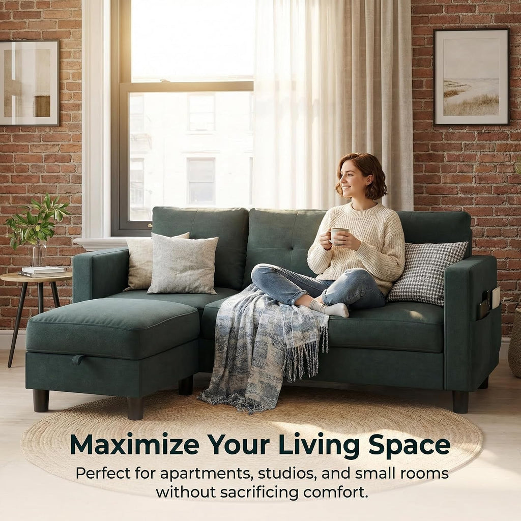 SUNLEI Convertible L-Shaped Sectional Couches for Living Room, Space-Saving 3-Seat Couch for Small Apartments & Living Rooms, Linen Fabric, Grey | L-Shaped