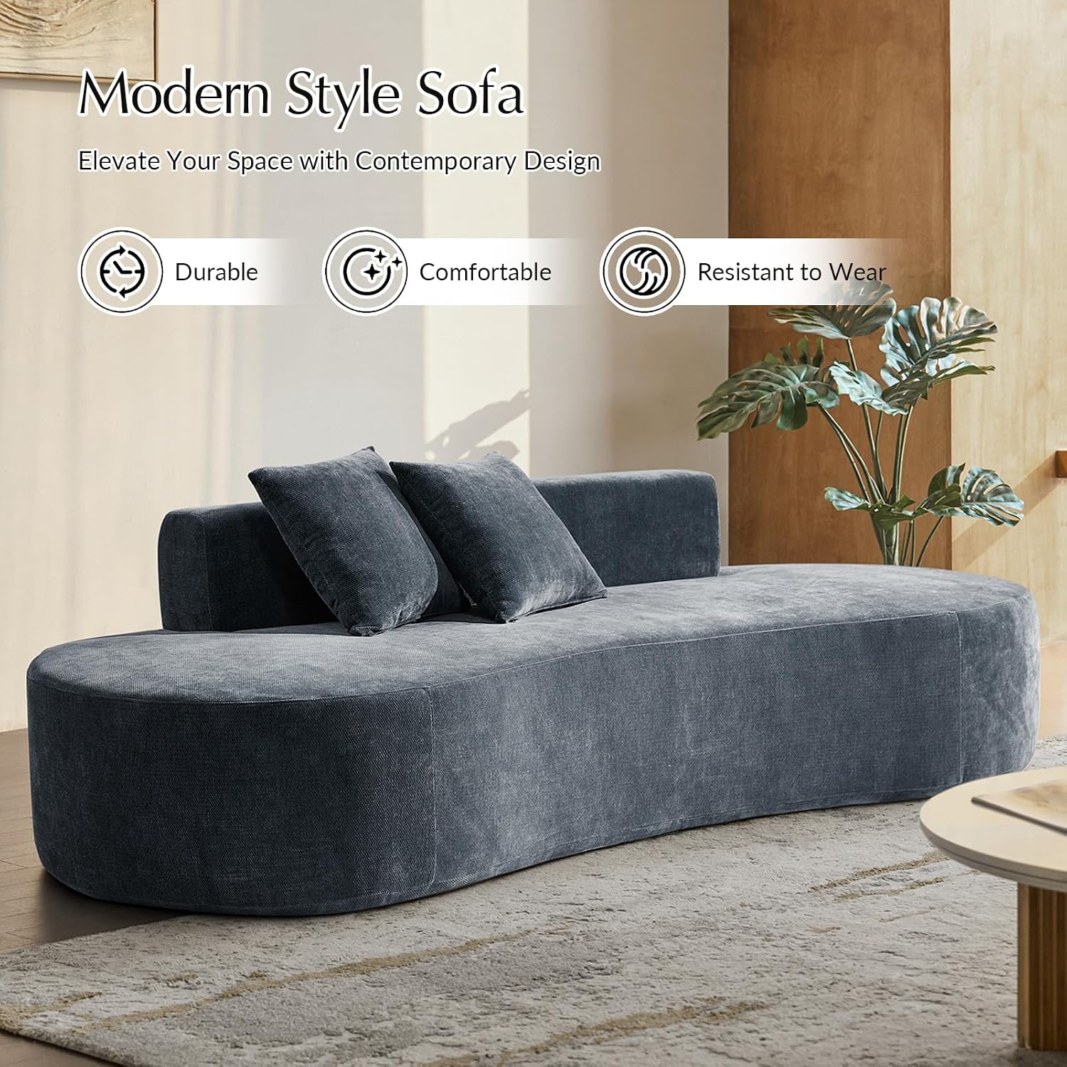 HULALA HOME 94.5' Curved Boneless Couch with Two Pillows, Oversized 3 Seater Compressed Foam Sofa with Deep Seat, Modern Cloud Couch for Living Room, No Assembly Required, Blue