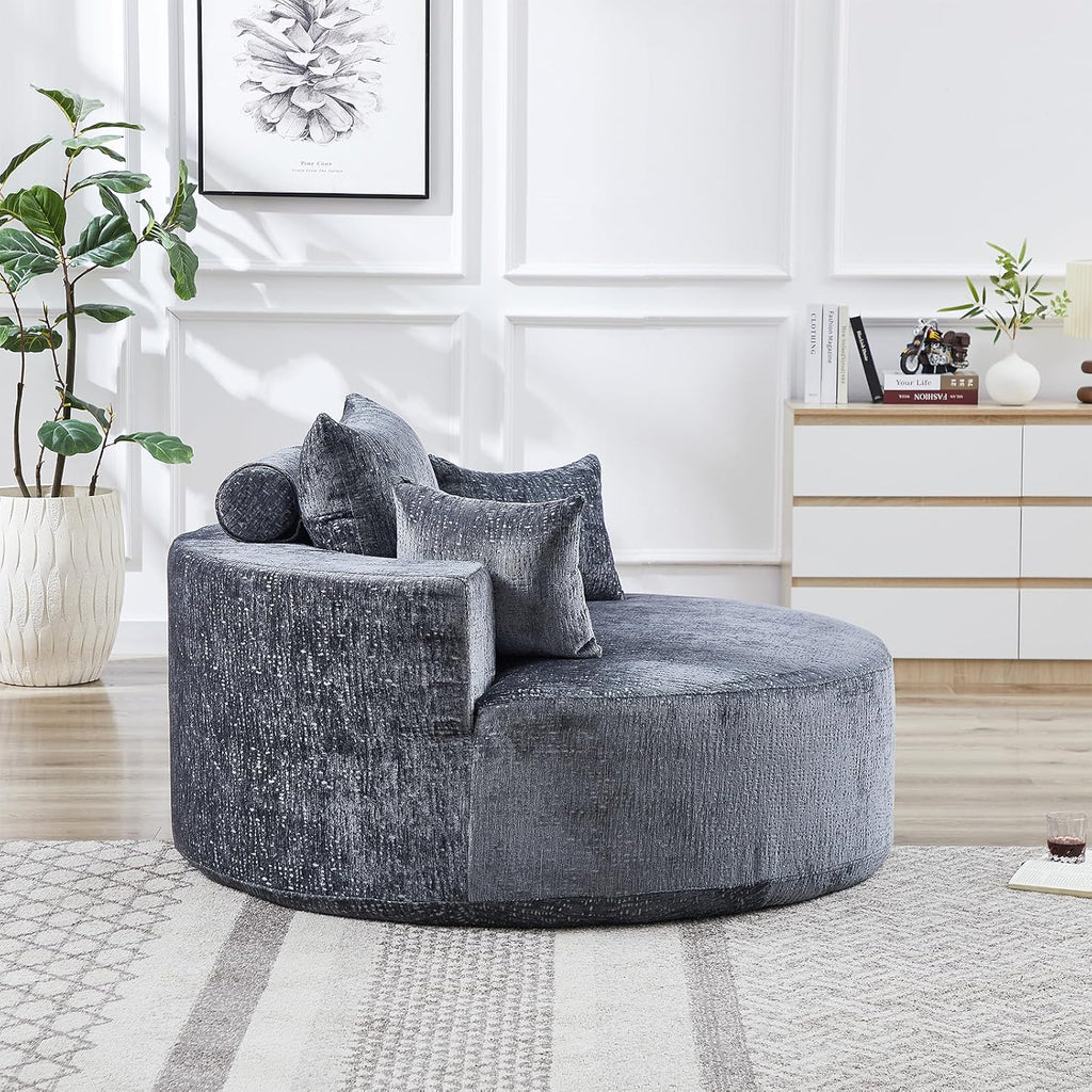 Oversized Round Chaise Longue Chair Indoor, Modern 55-inch Upholstered Chenille Deep Seat Circle Single Cloud Lounge Floor Sofa Chair for Living Room, Bedroom Apartment, Grey