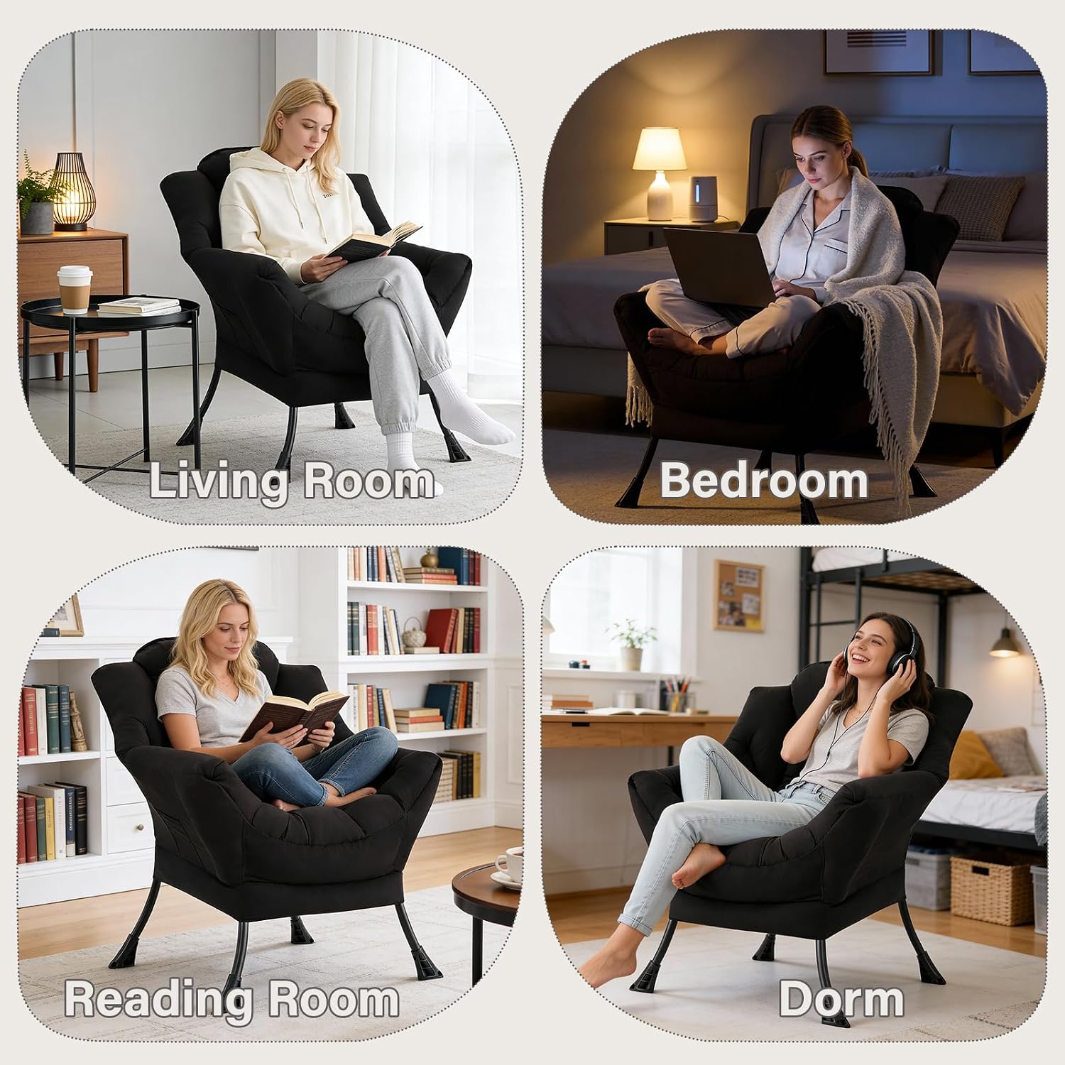 MBOOYOME Lazy Chair, Modern Soft Reading Chair Accent Contemporary Sofa Chair with Armrests and a Side Pocket for Living Room, Bedroom, Dorm & Office, Black