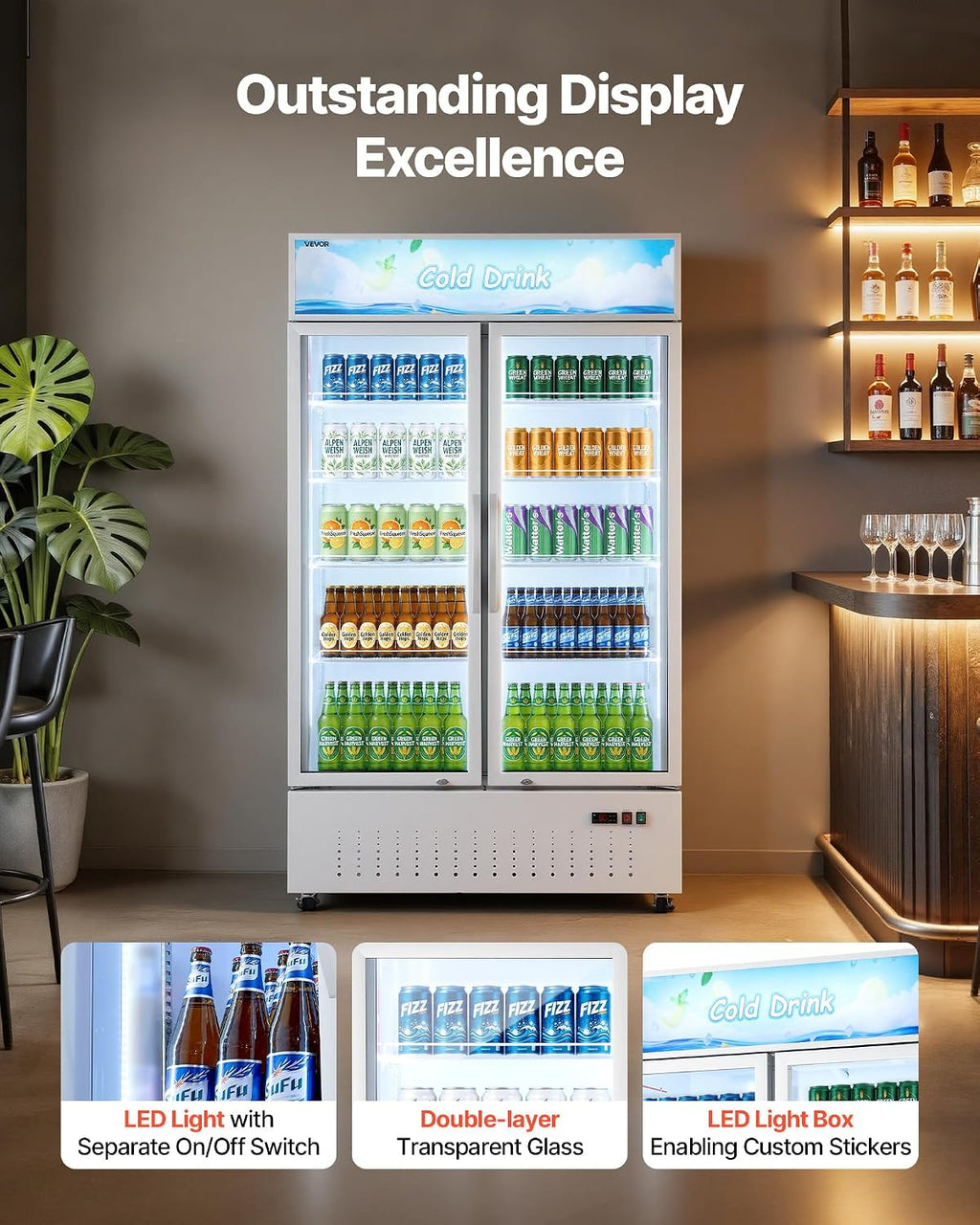 VEVOR Commercial Merchandiser Refrigerator, 35.3 Cu.Ft / 1000L Upright Beverage Cooler, 2 Glass Door Display Refrigerator with Customizable Lightbox, 8 Adjustable Shelves, Soft LED Lighting & Casters