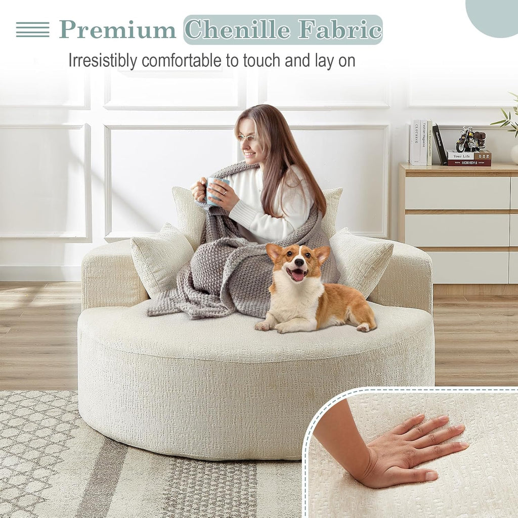 Oversized Round Chaise Longue Chair Indoor, Modern 55-inch Upholstered Chenille Deep Seat Circle Single Cloud Lounge Floor Sofa Chair for Living Room, Bedroom Apartment, Beige