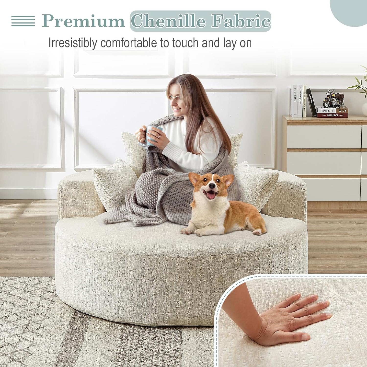 Oversized Round Chaise Longue Chair Indoor, Modern 55-inch Upholstered Chenille Deep Seat Circle Single Cloud Lounge Floor Sofa Chair for Living Room, Bedroom Apartment, Beige