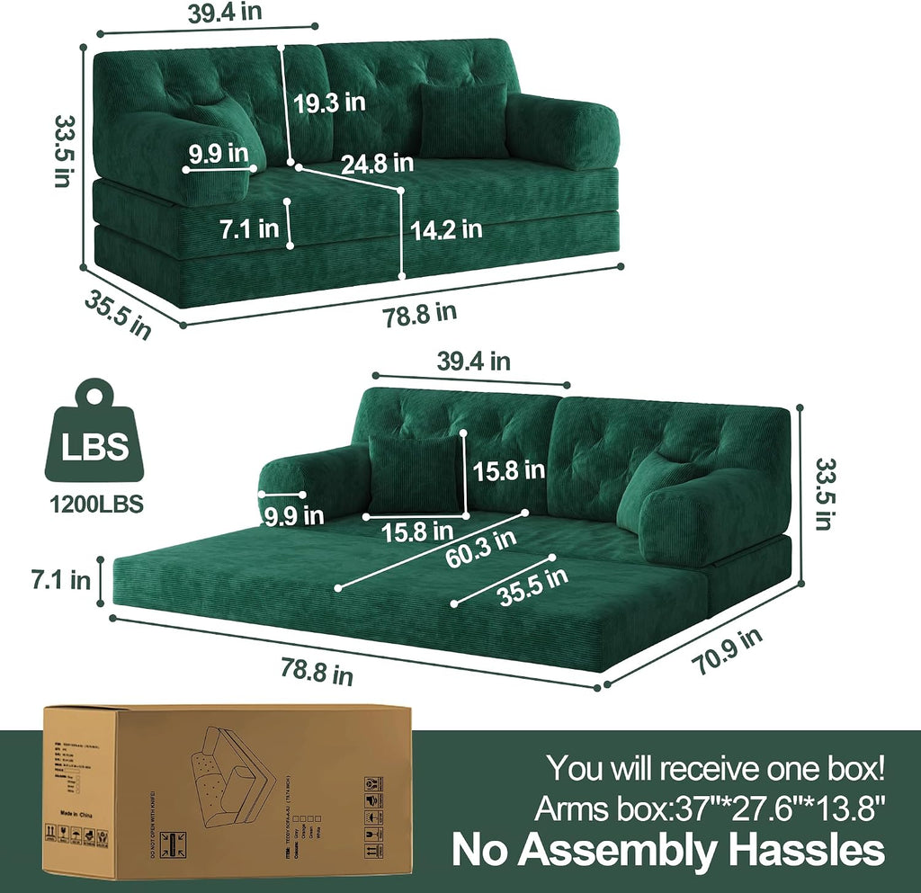 5-in-1 Folding Convertible Sofa Bed, Loveseat Sleeper with Pull-Out Bed, Floor Sofa Modular Futon Couch, 79' Oversized Corduroy Upholstered Boneless Couch for Living Room, Bedroom, Lounge, Green-C