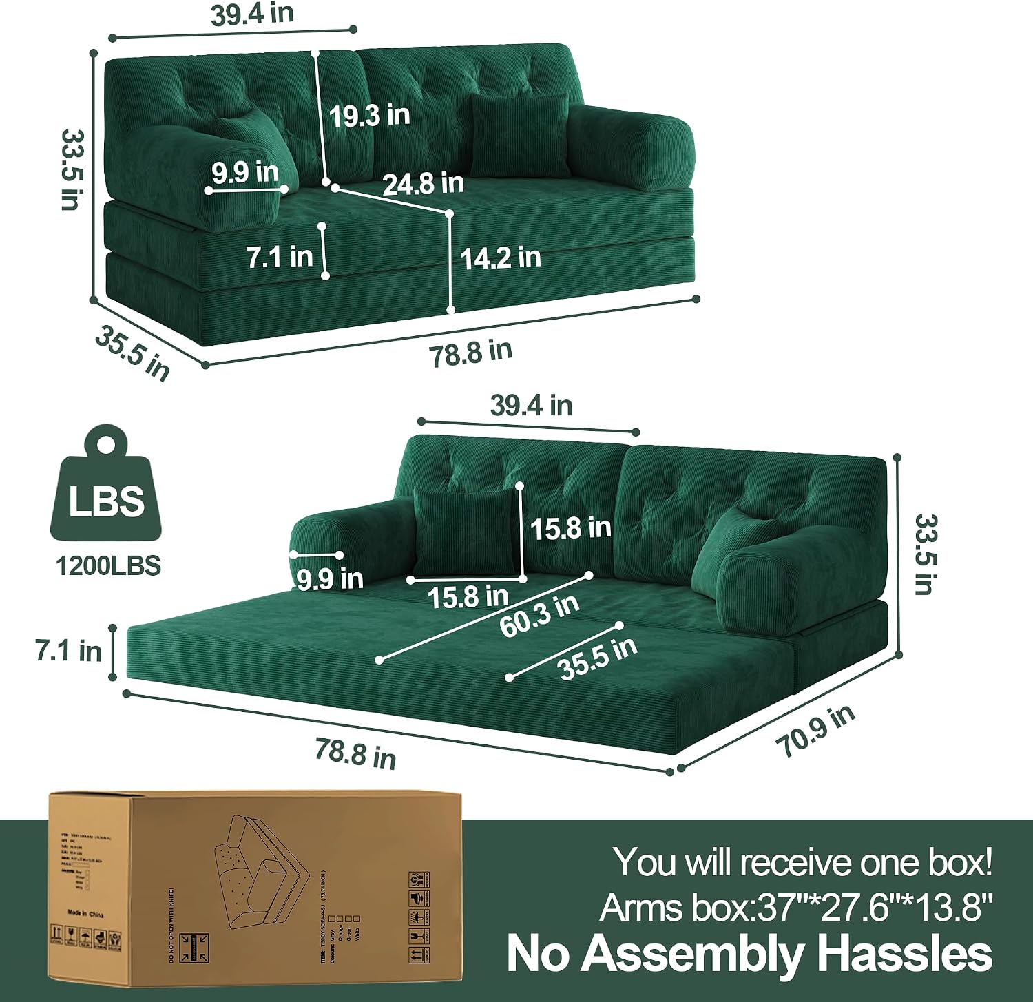 5-in-1 Folding Convertible Sofa Bed, Loveseat Sleeper with Pull-Out Bed, Floor Sofa Modular Futon Couch, 79' Oversized Corduroy Upholstered Boneless Couch for Living Room, Bedroom, Lounge, Green-C