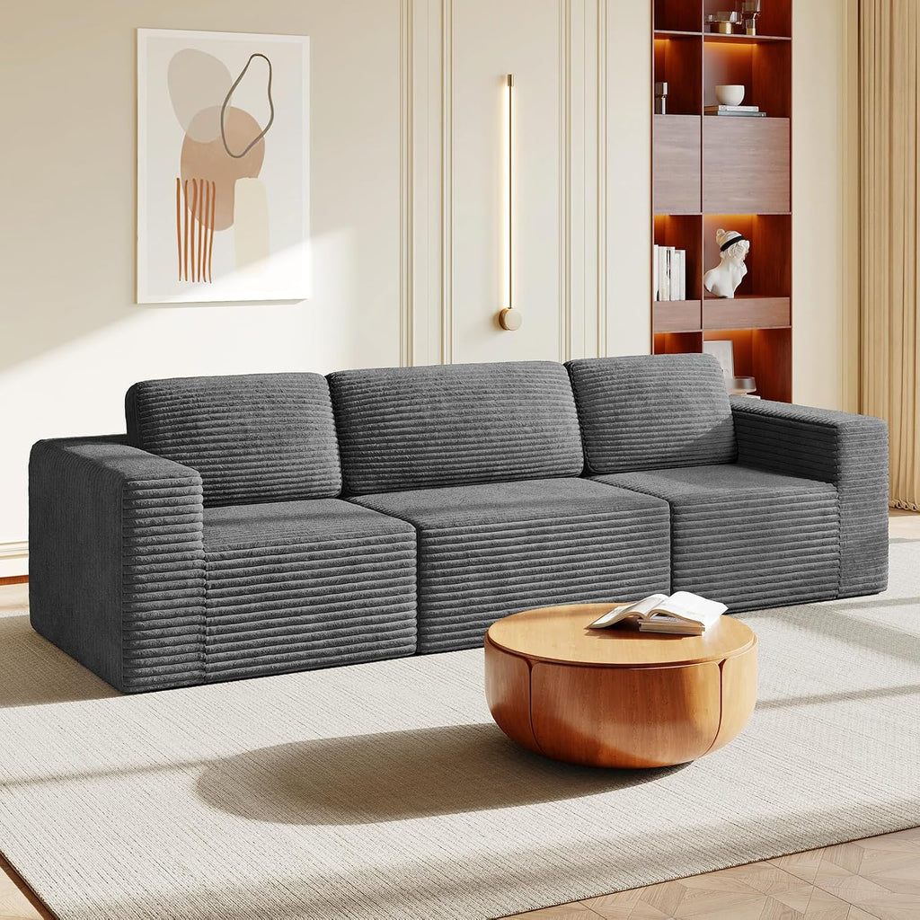 Vesgantti 119' Modular Sectional Sofa, Corduroy Cloud Couch with Deep Seating & Spring Support, 3 Seater Flexible Layout Sofa, Boneless Couch for Living Room & Apartment, No Assembly Required, Grey