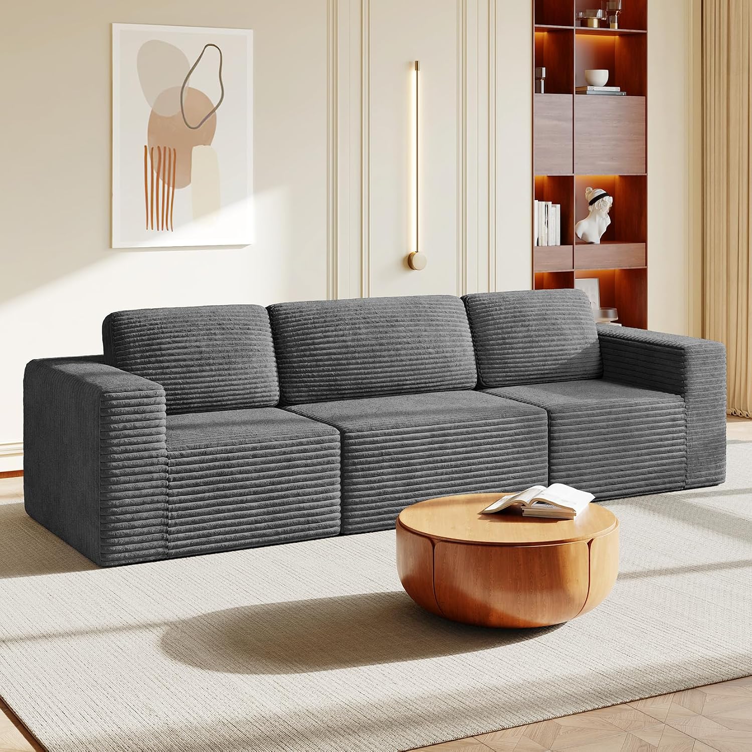 Vesgantti 119' Modular Sectional Sofa, Corduroy Cloud Couch with Deep Seating & Spring Support, 3 Seater Flexible Layout Sofa, Boneless Couch for Living Room & Apartment, No Assembly Required, Grey