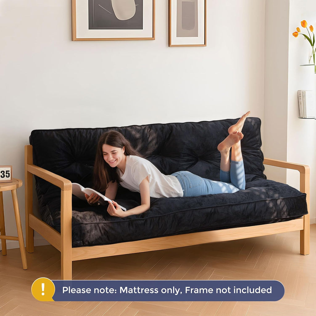 MAXYOYO 6' Futon Mattress Full Size, Velvet Thick Futons Sofa Couch, Versatile Floor Mattress for Adults, Shredded Foam Filling (Frame Not Included), Black