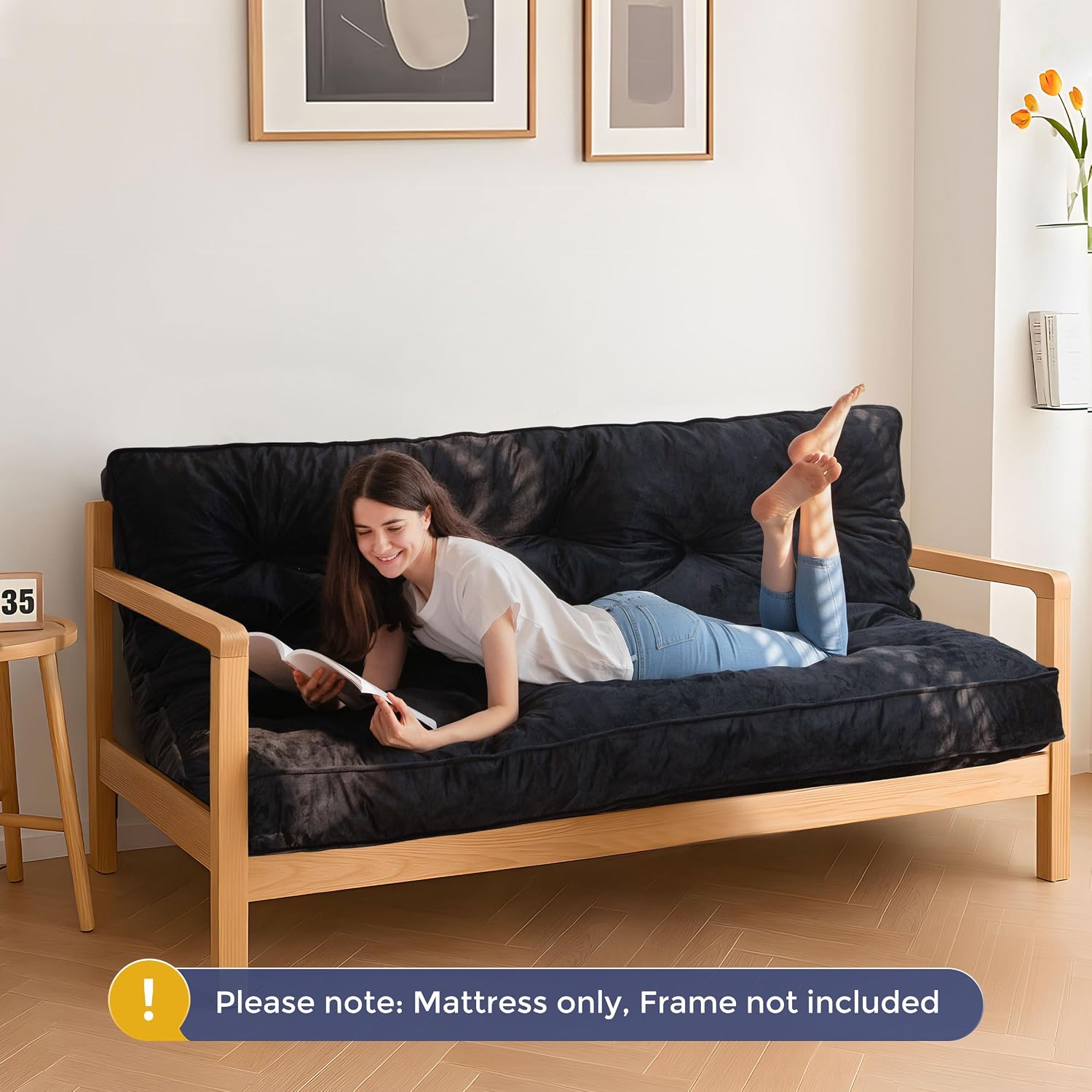 MAXYOYO 6' Futon Mattress Full Size, Velvet Thick Futons Sofa Couch, Versatile Floor Mattress for Adults, Shredded Foam Filling (Frame Not Included), Black