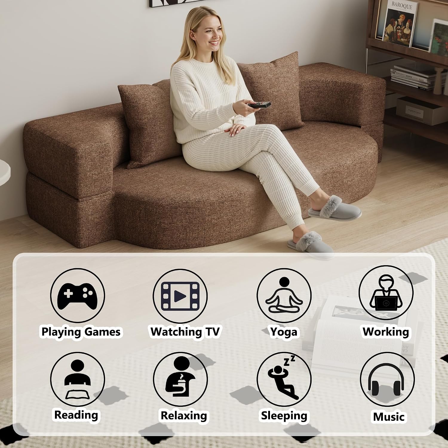 HENGJIANYI Folding Sofa Bed, Convertible Futon Sleeper Bed, 2-in-1 Foldable Floor Mattress with 2 Pillows, Breathable High-Density Foam Lazy Couch, Twin Size Comfy Lounge Chair, Brown