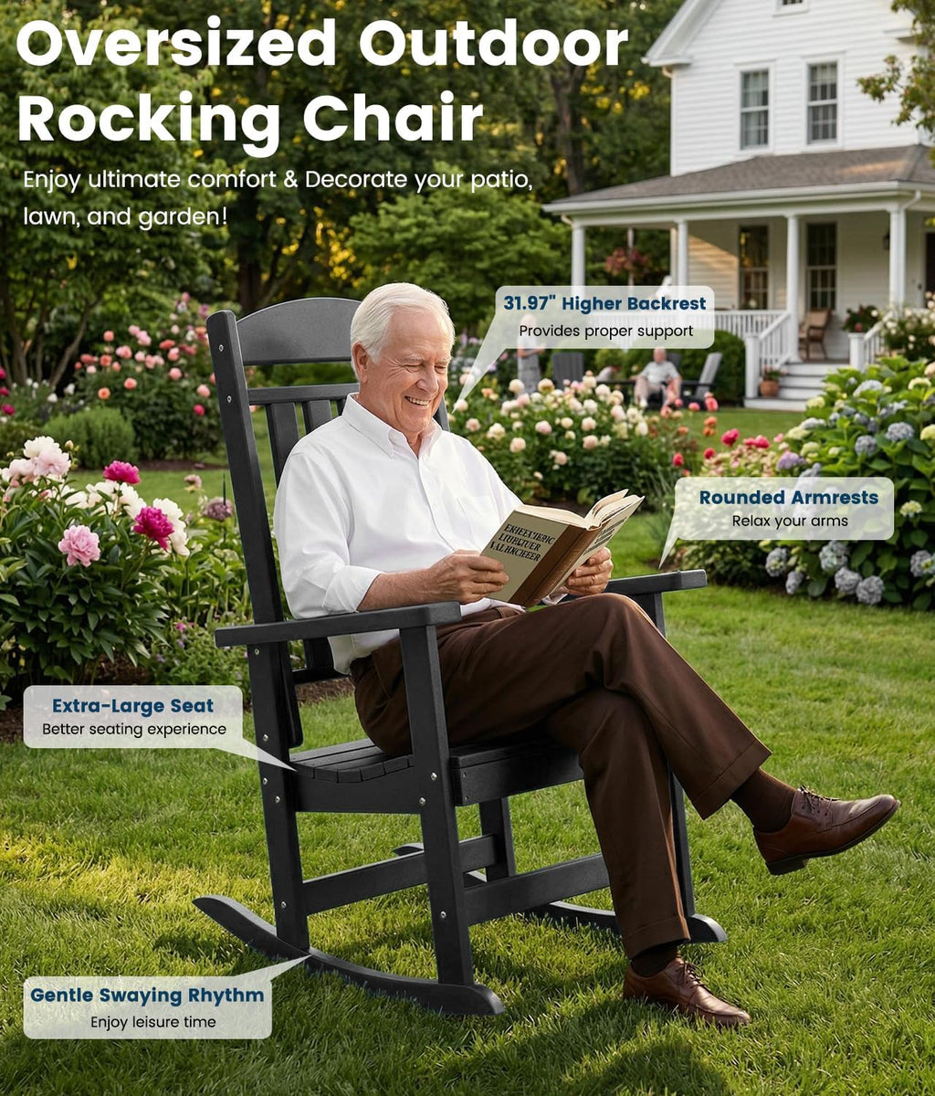 FOOWIN Outdoor Rocking Chair Set of 2, High Back Patio Rocking Chair, HDPE All Weather Resistant Porch Rocker for Adult, Oversized Rocking Chairs for Garden, Lawn, Indoor & Outdoor Use, Black