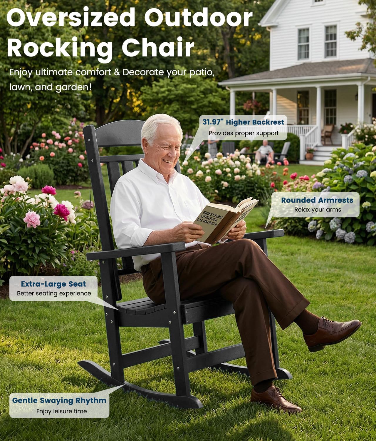 FOOWIN Outdoor Rocking Chair Set of 2, High Back Patio Rocking Chair, HDPE All Weather Resistant Porch Rocker for Adult, Oversized Rocking Chairs for Garden, Lawn, Indoor & Outdoor Use, Black