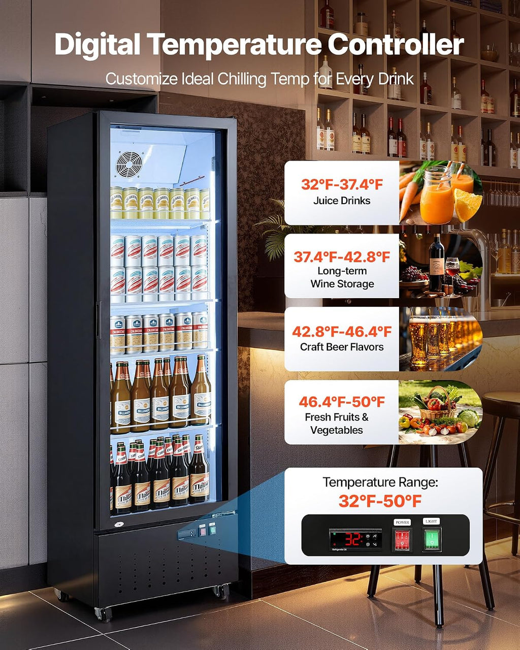 VEVOR Commercial Merchandiser Refrigerator, 12.7 Cu.Ft / 360 L Glass Door Display Refrigerator, Upright Beverage Cooler Fridge with 4 Adjustable Shelves, Soft LED Light & Casters for Homes Shops Bars