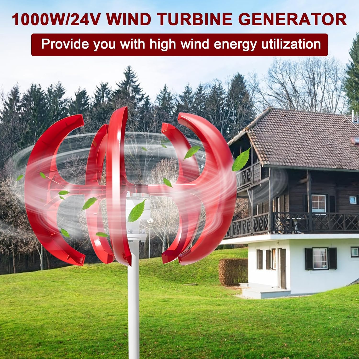 Portable Wind Turbines 1000W 12V/24V Wind Turbines Generator, 5-Blade Auto Adjust Wind Vertical Generator Kit,generador eolico para casa,for Motor Home, Chalet, Boat, Terrace Red
