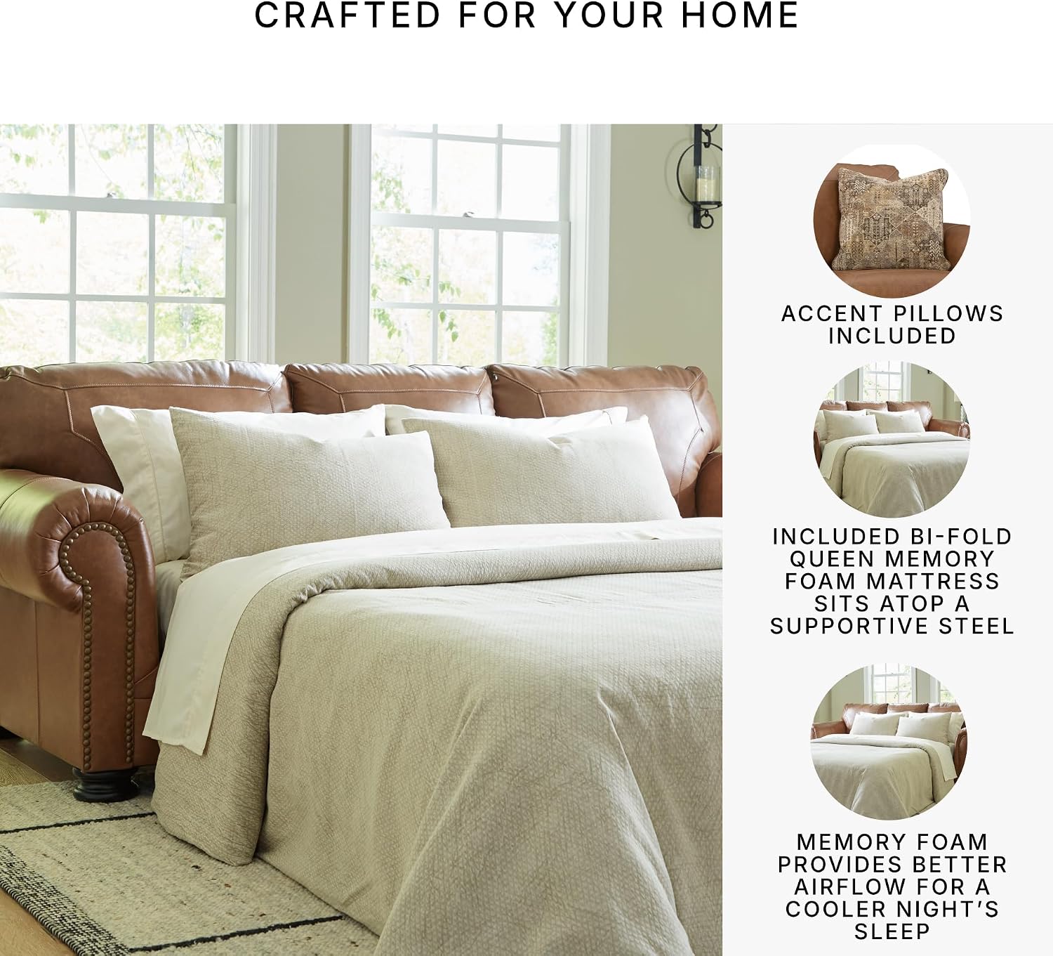 Signature Design by Ashley Carianna Classic 2-in-1 Leather Match Sofa Sleeper with Folding Gel Memory Foam Mattress and Nailhead Trim, Queen, Dark Brown